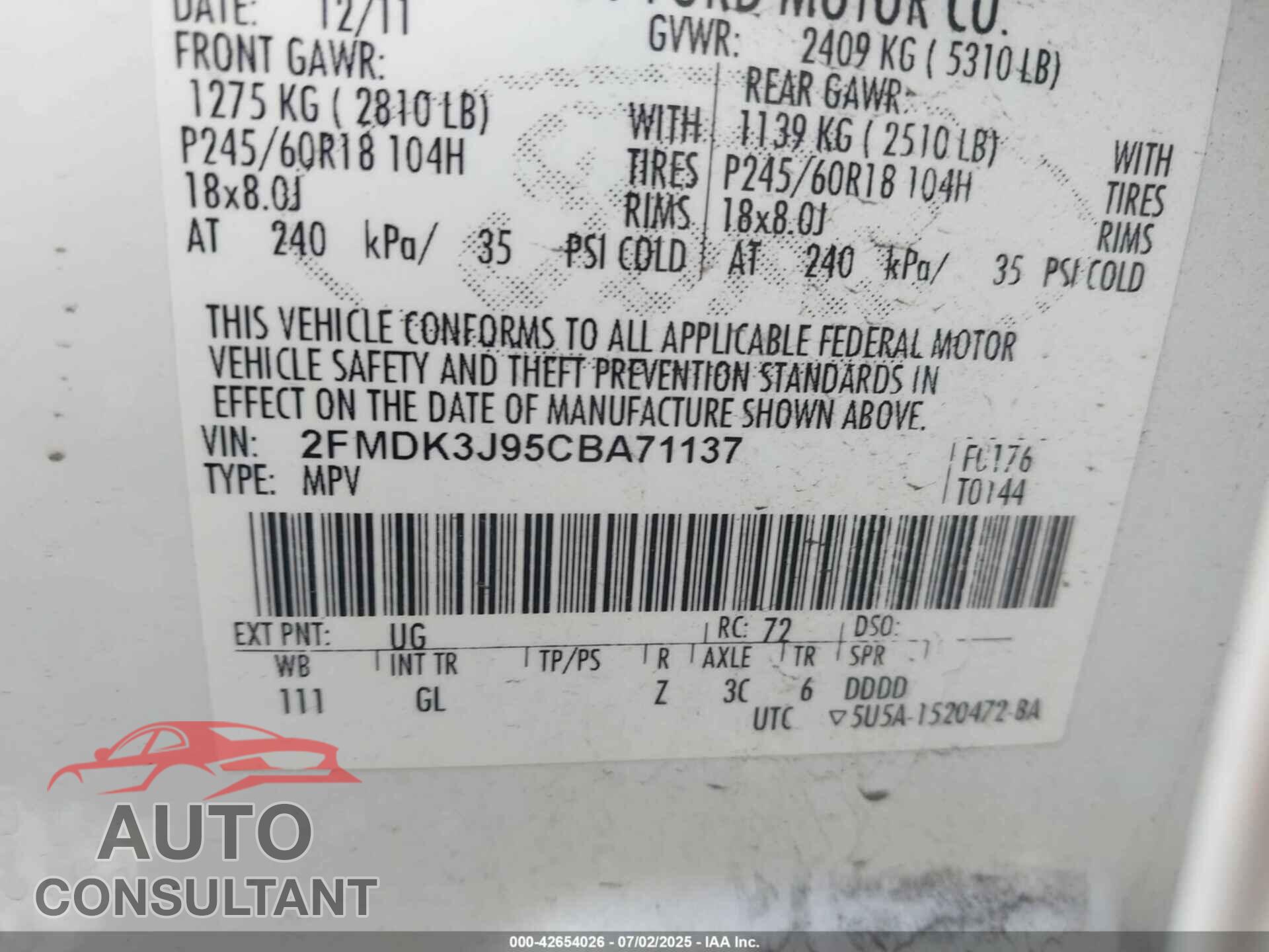 FORD EDGE 2012 - 2FMDK3J95CBA71137