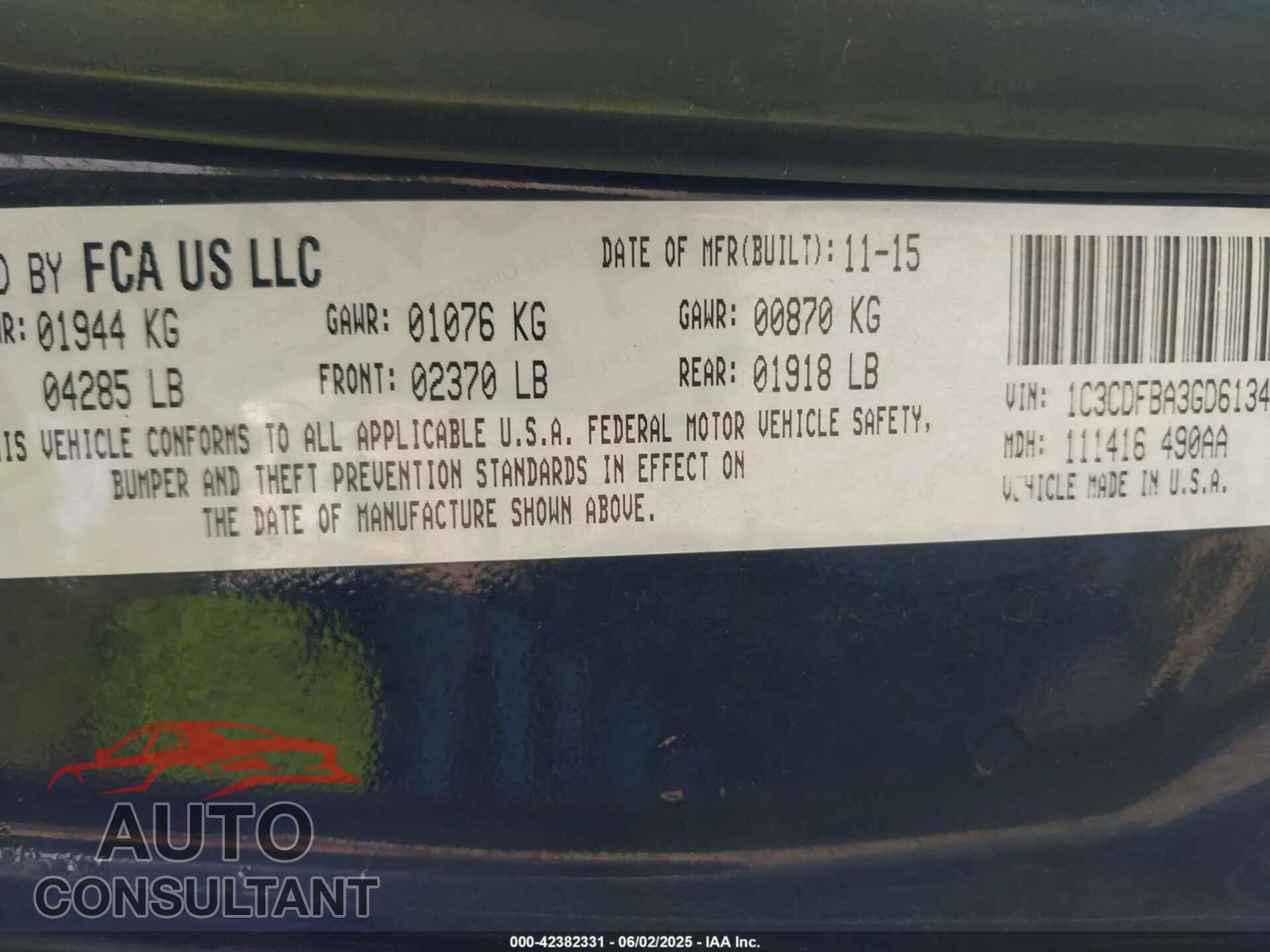 DODGE DART 2016 - 1C3CDFBA3GD613408