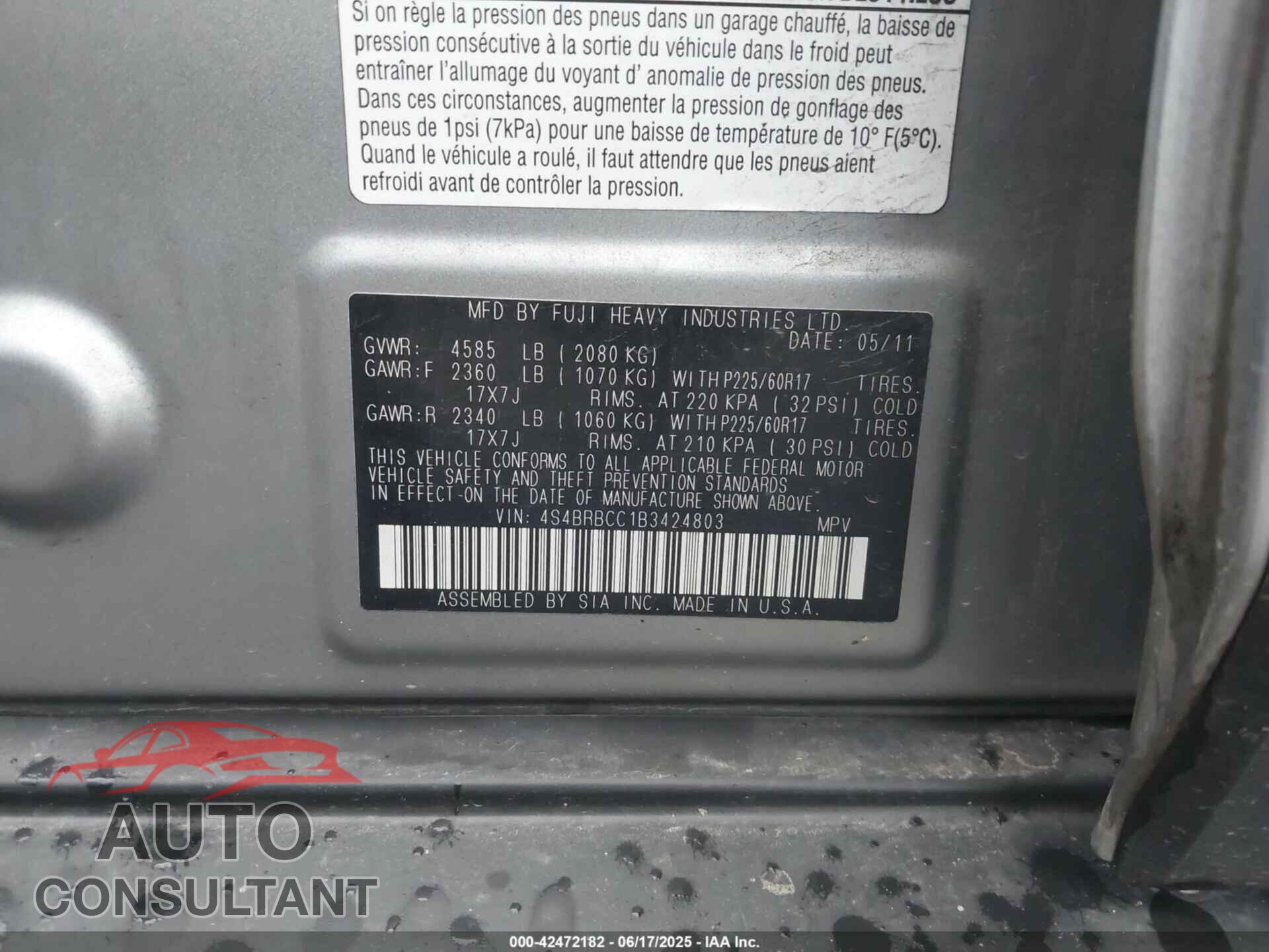 SUBARU OUTBACK 2011 - 4S4BRBCC1B3424803