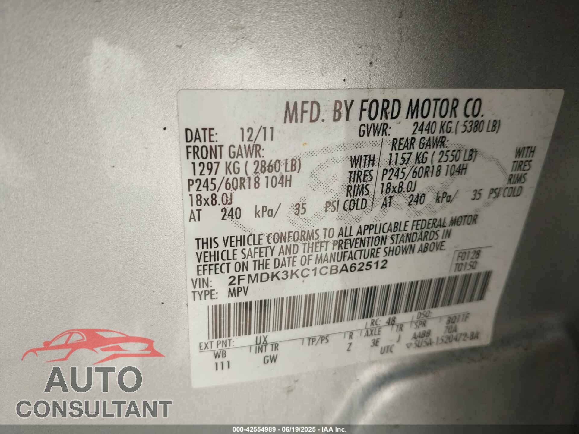 FORD EDGE 2012 - 2FMDK3KC1CBA62512