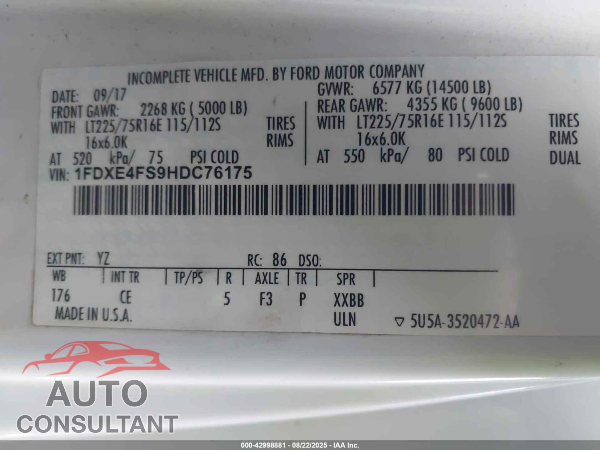 FORD E-450 CUTAWAY 2017 - 1FDXE4FS9HDC76175