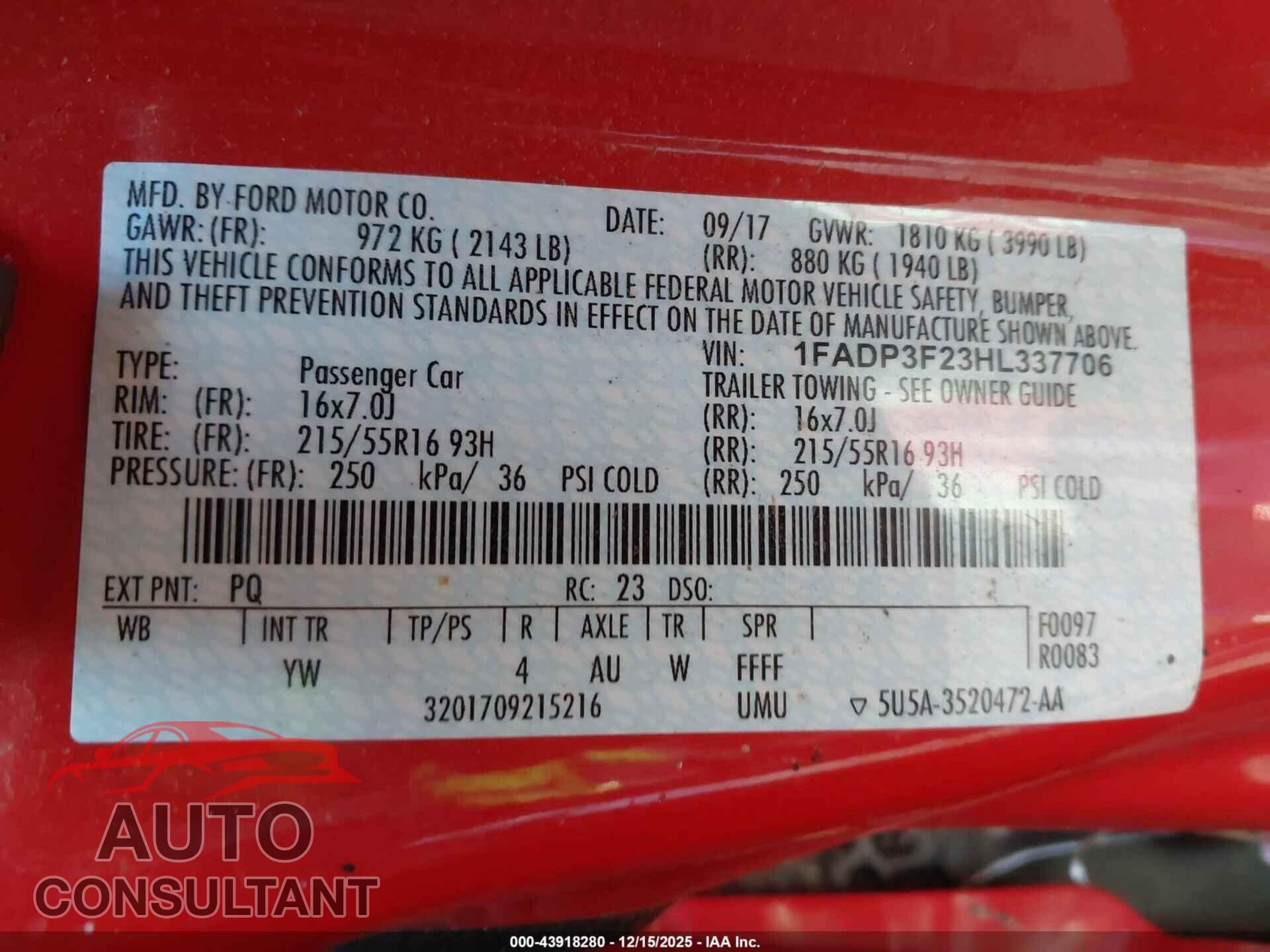 FORD FOCUS 2017 - 1FADP3F23HL337706