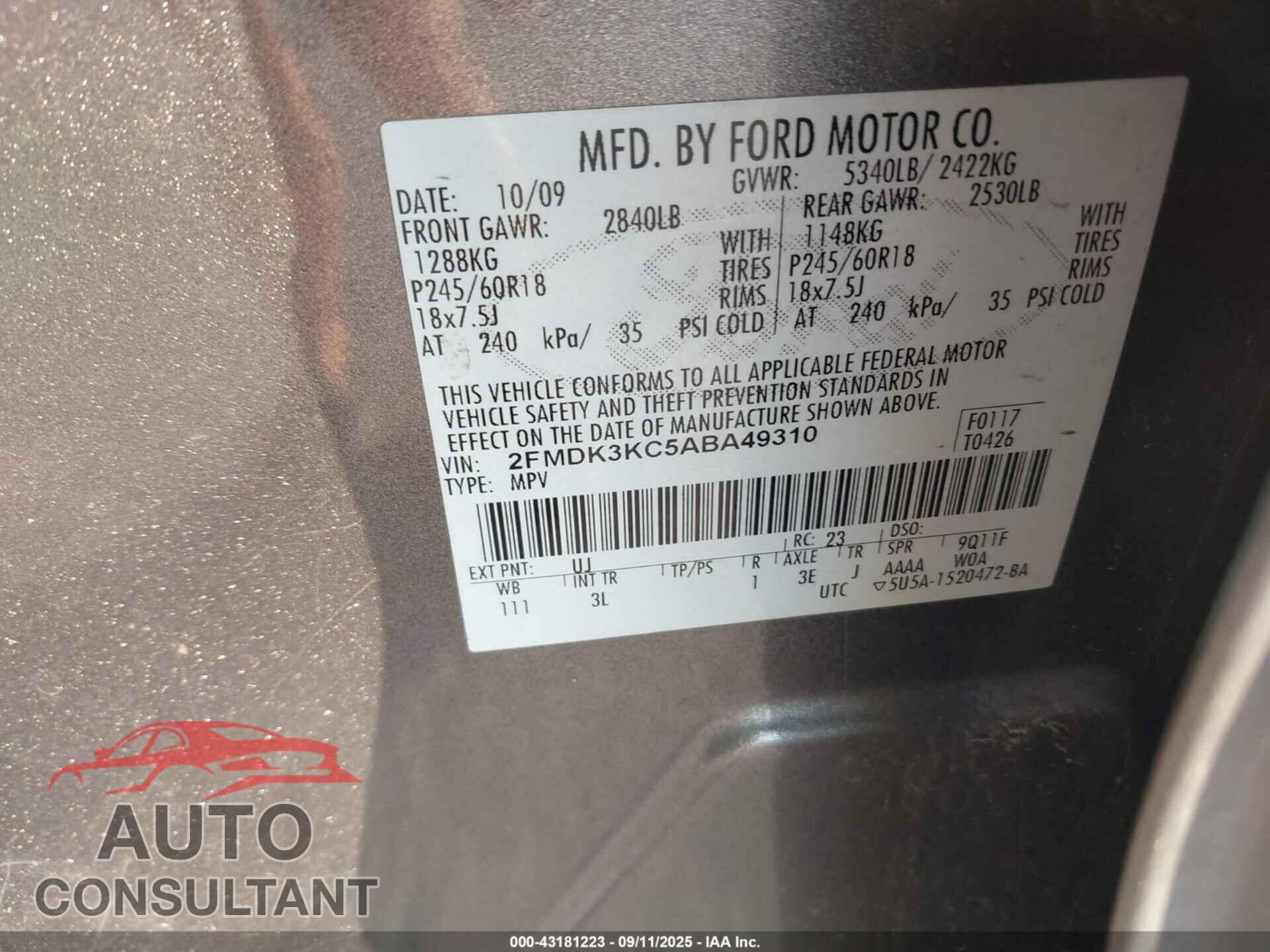 FORD EDGE 2010 - 2FMDK3KC5ABA49310