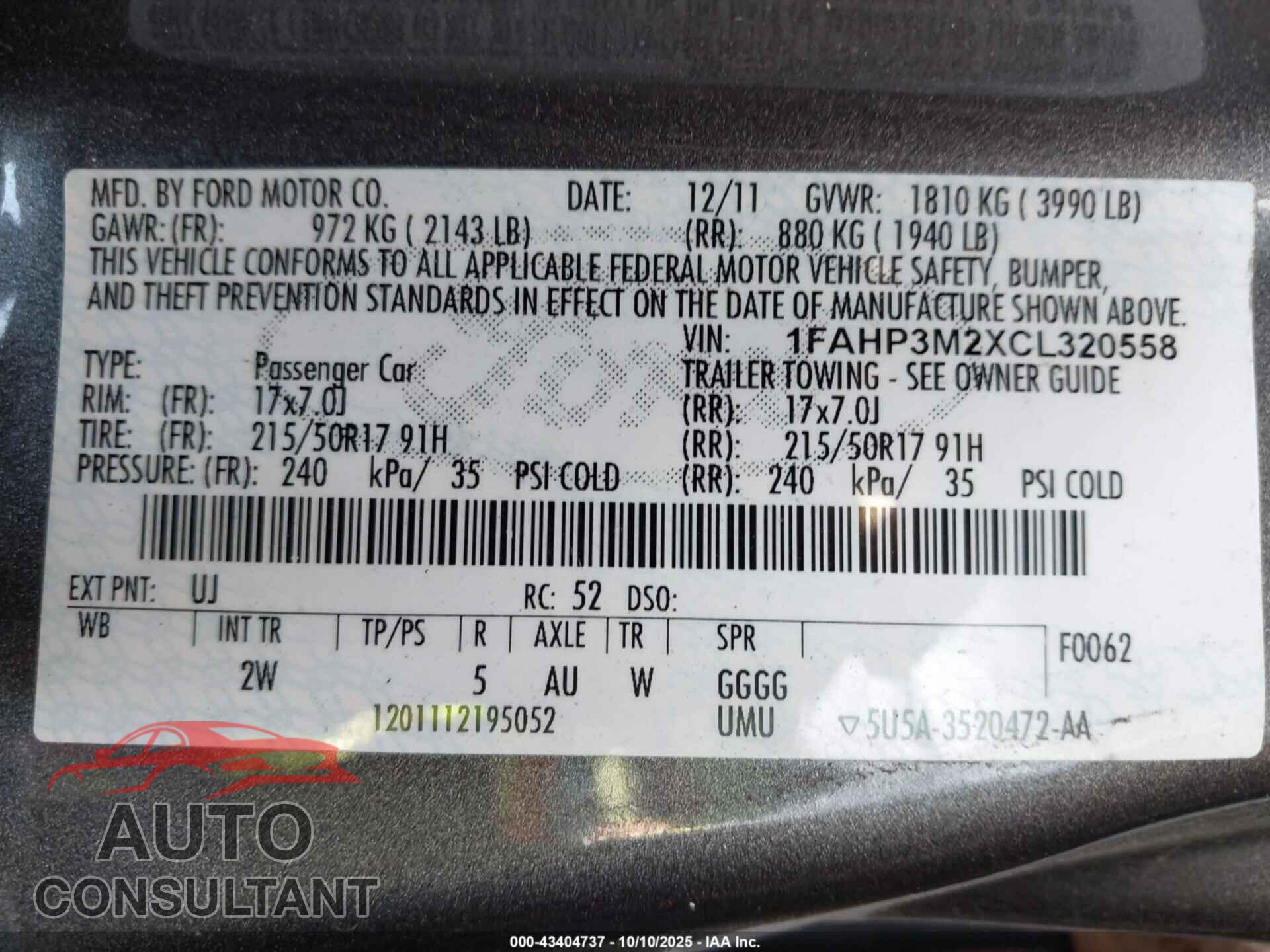 FORD FOCUS 2012 - 1FAHP3M2XCL320558
