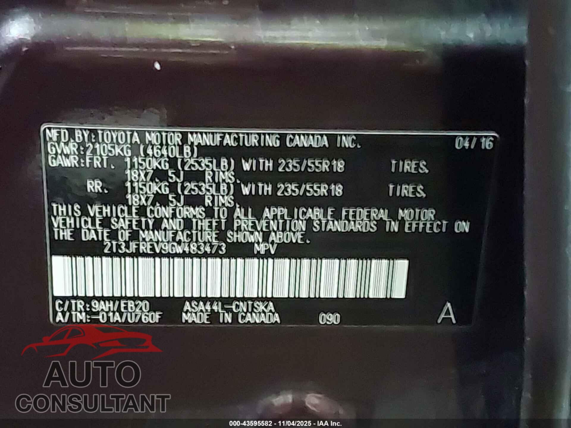TOYOTA RAV4 2016 - 2T3JFREV9GW483473