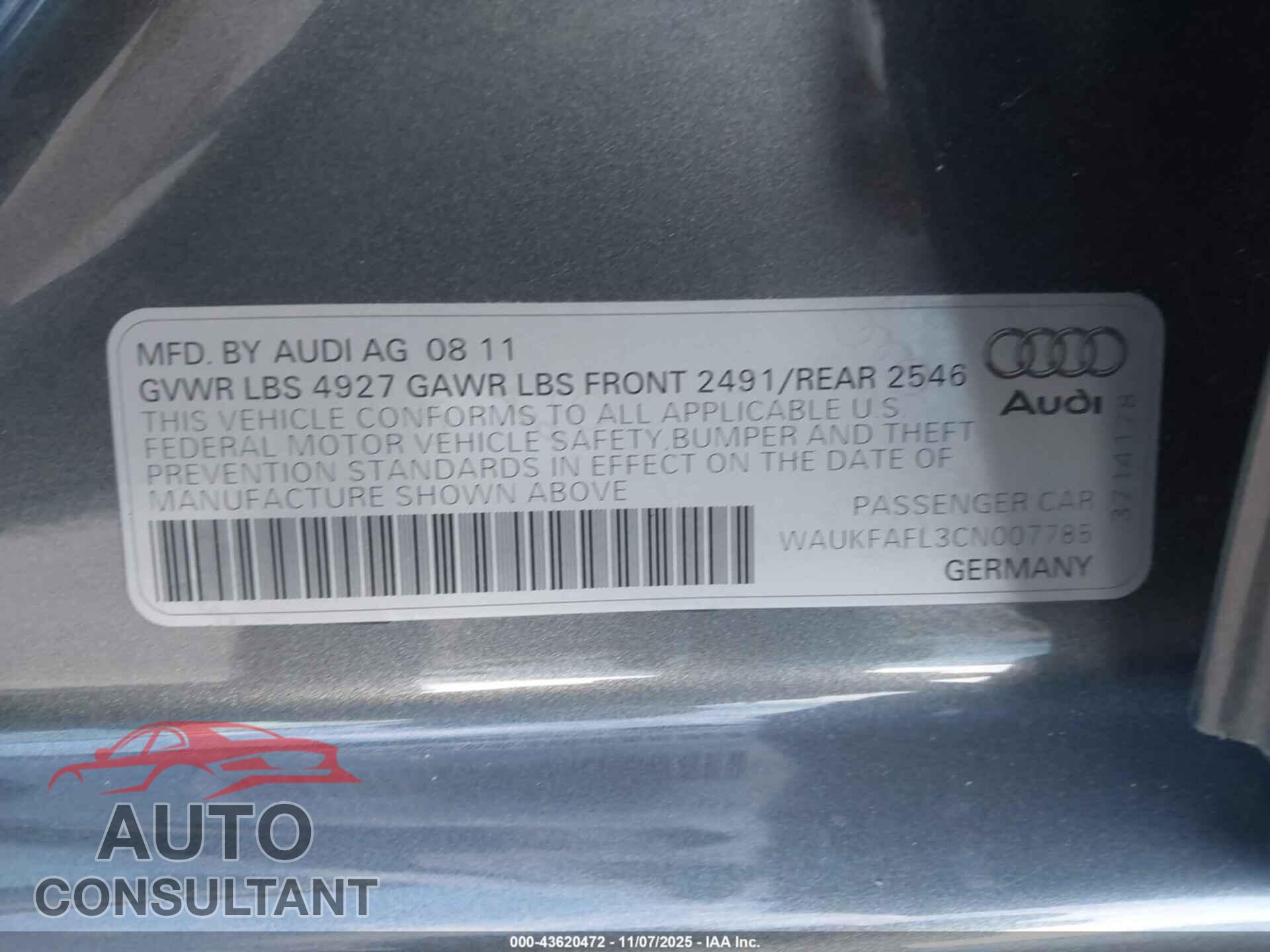 AUDI A4 2012 - WAUKFAFL3CN007785