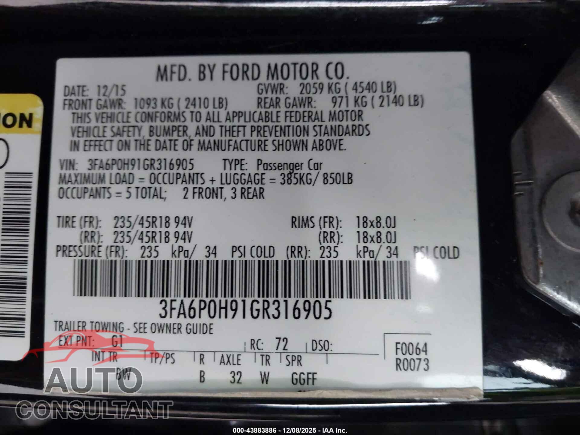 FORD FUSION 2016 - 3FA6P0H91GR316905