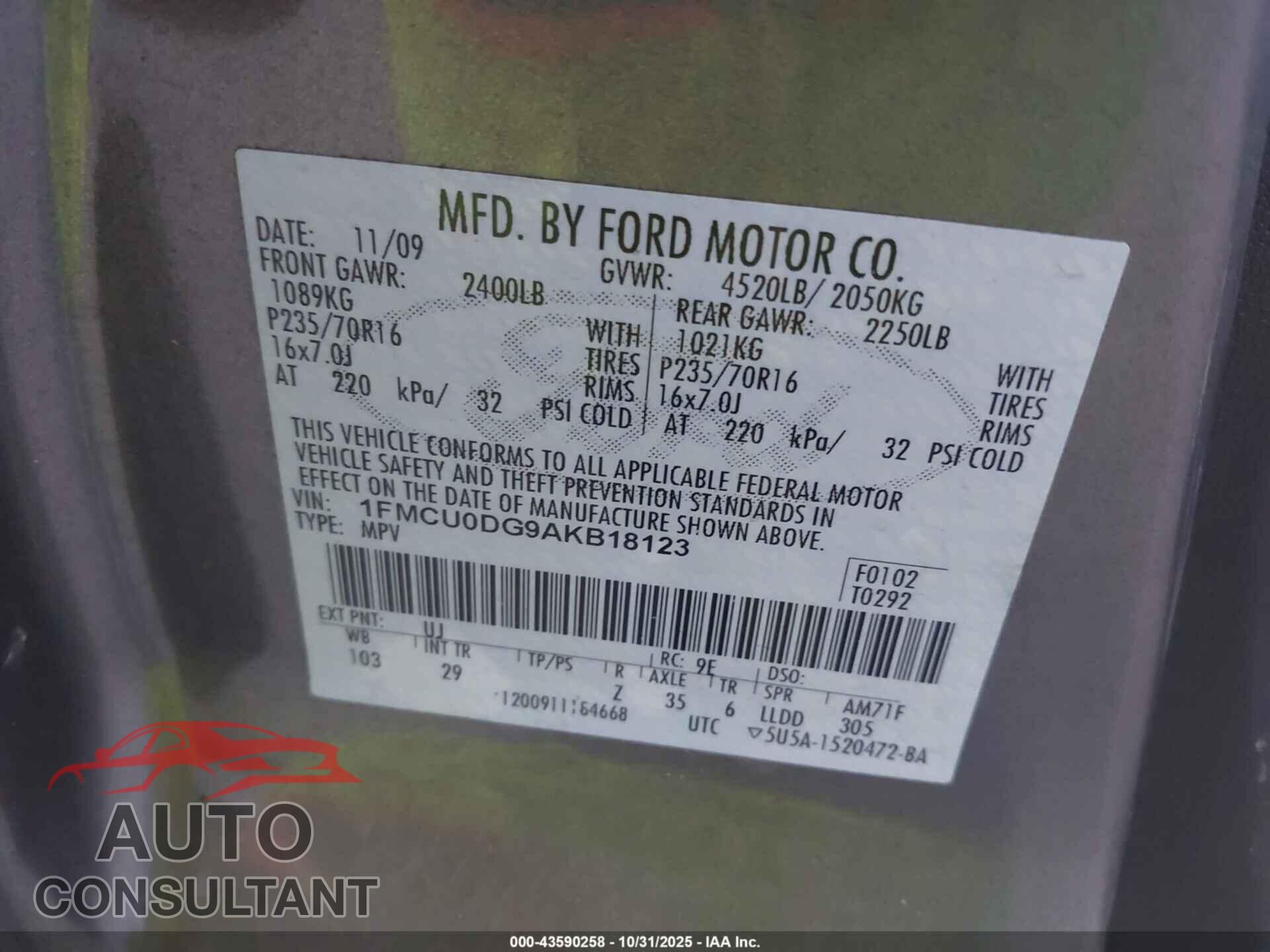 FORD ESCAPE 2010 - 1FMCU0DG9AKB18123