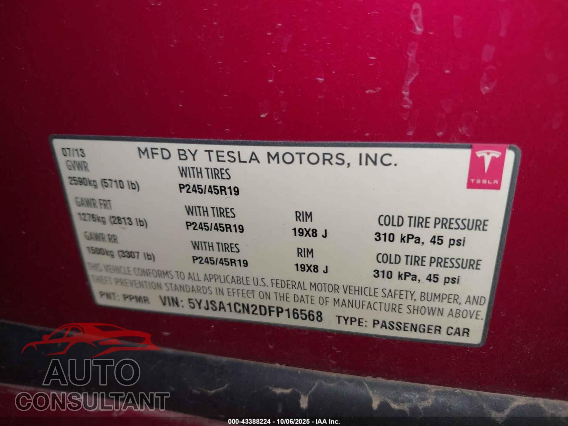 TESLA MODEL S 2013 - 5YJSA1CN2DFP16568