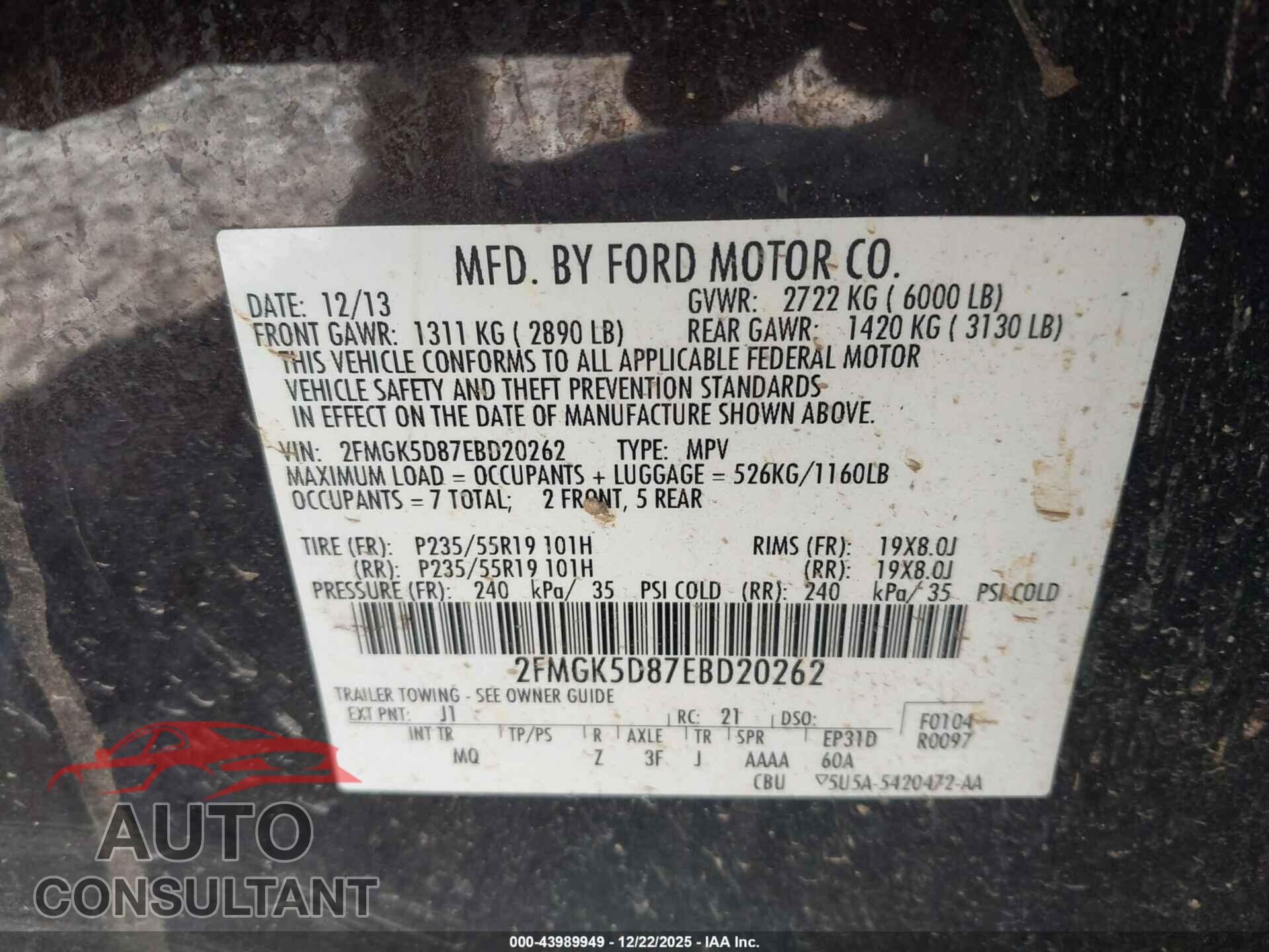 FORD FLEX 2014 - 2FMGK5D87EBD20262