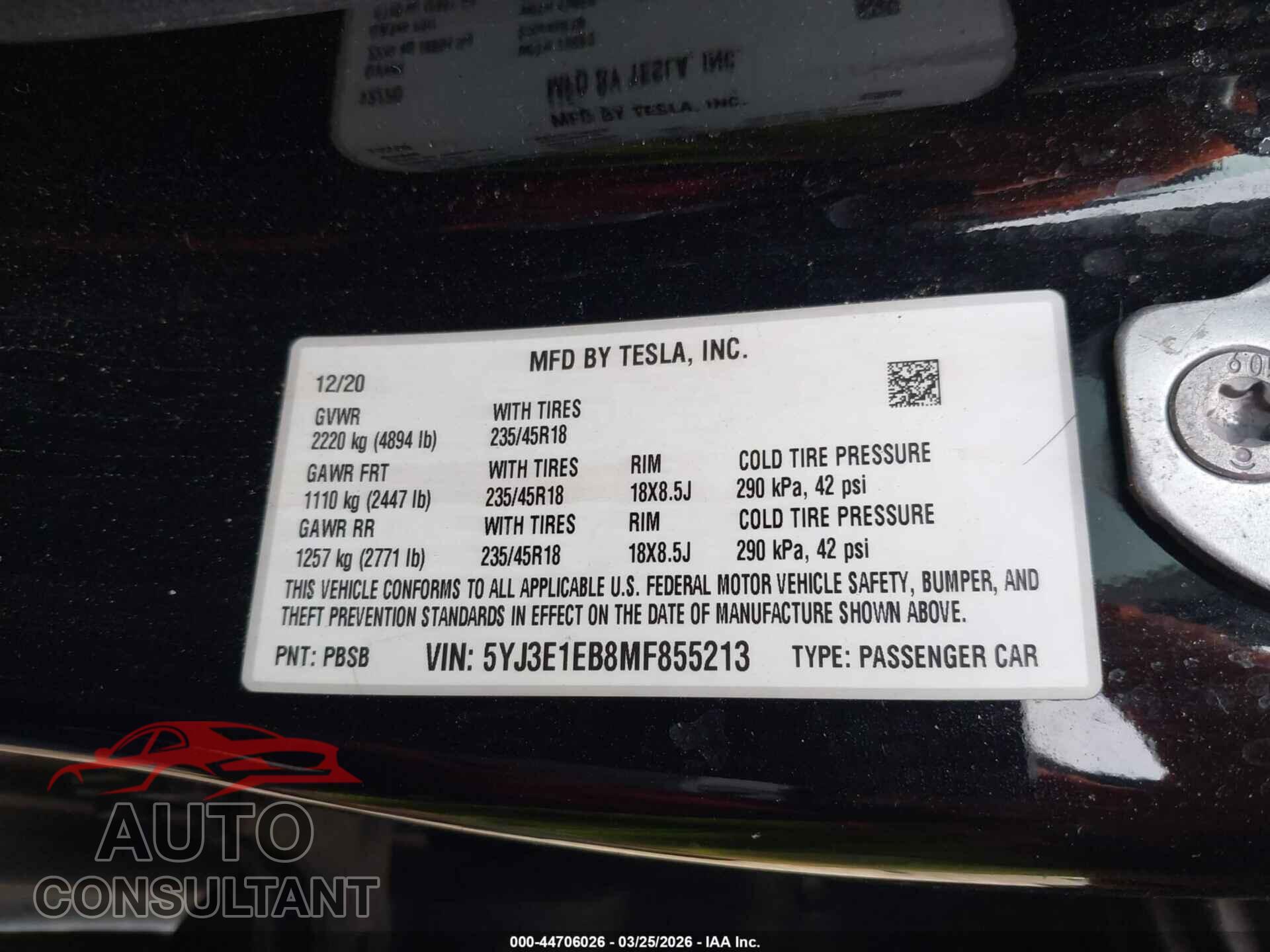 TESLA MODEL 3 2021 - 5YJ3E1EB8MF855213