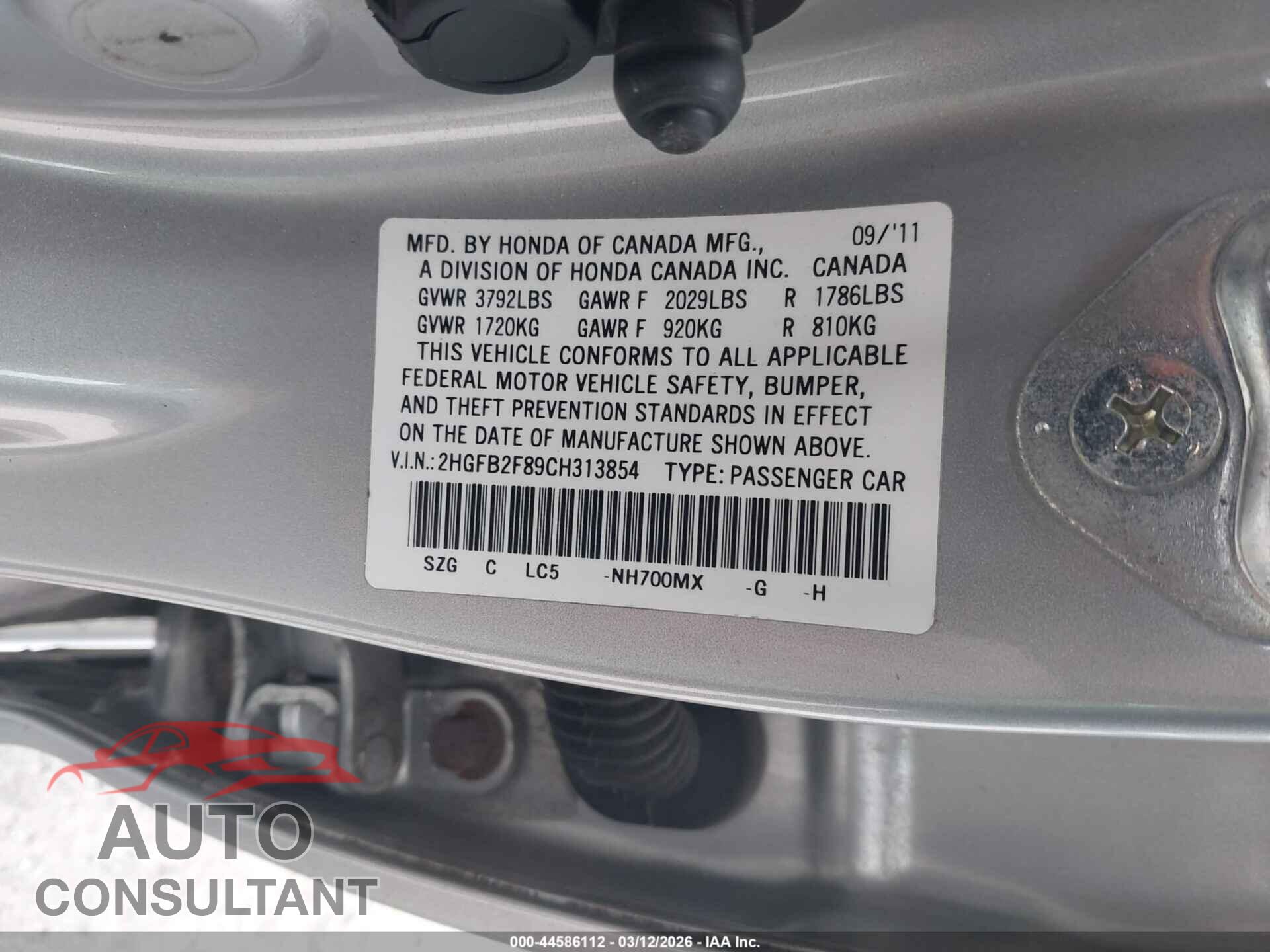 HONDA CIVIC 2012 - 2HGFB2F89CH313854