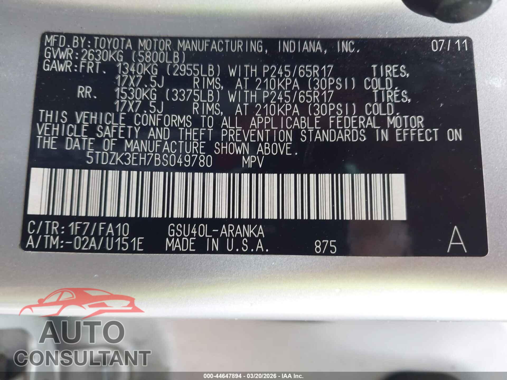 TOYOTA HIGHLANDER 2011 - 5TDZK3EH7BS049780
