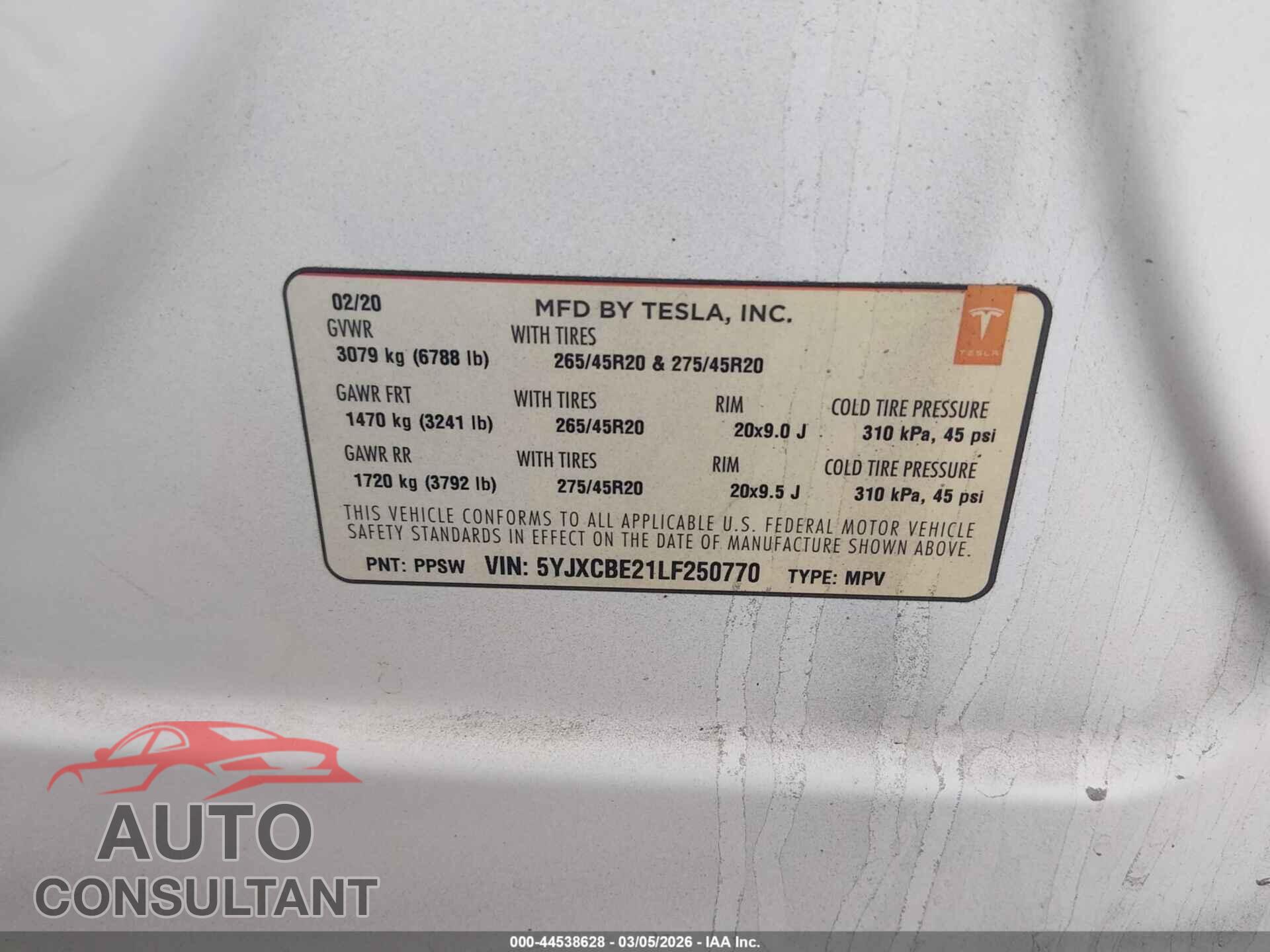 TESLA MODEL X 2020 - 5YJXCBE21LF250770