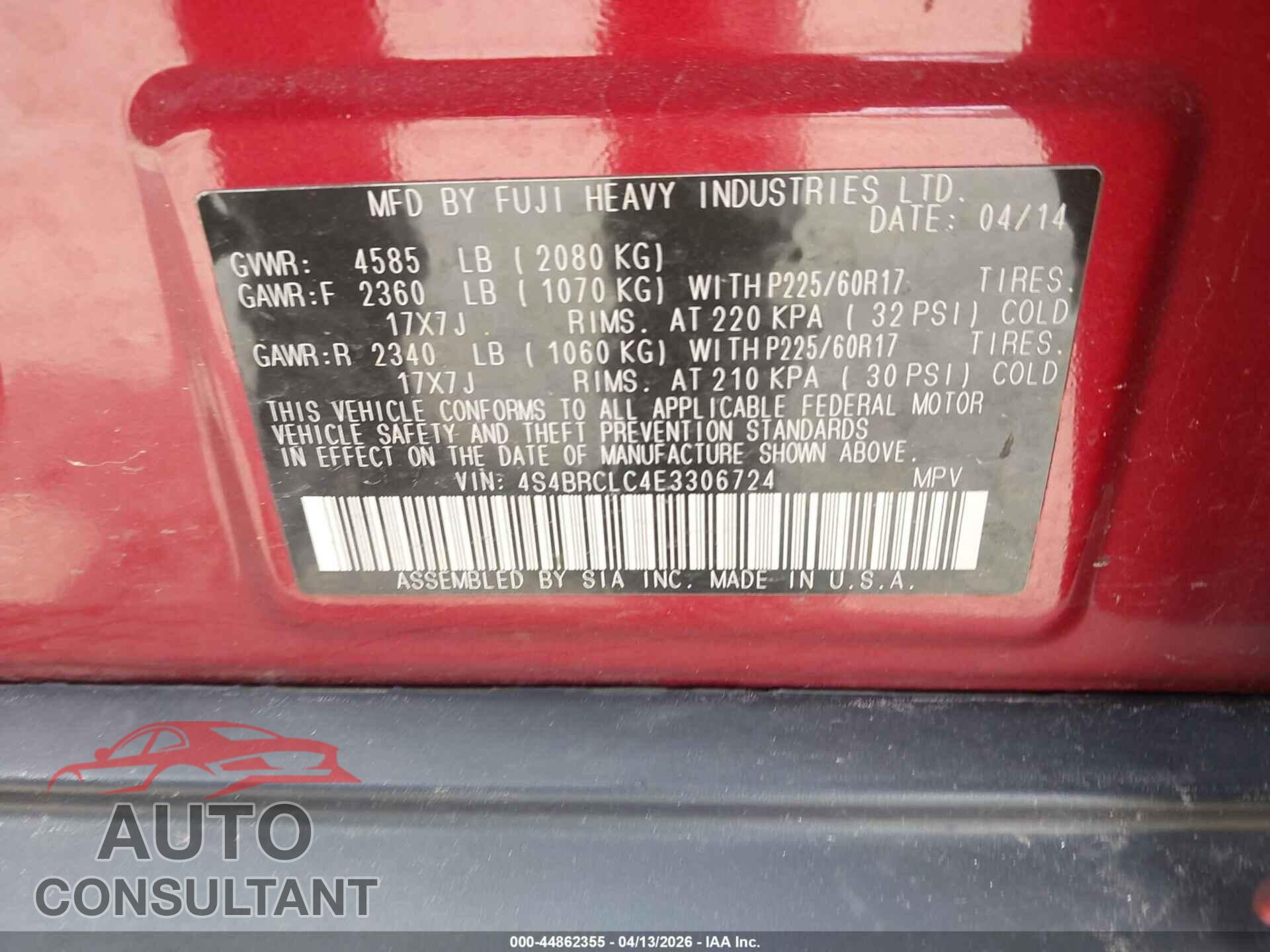 SUBARU OUTBACK 2014 - 4S4BRCLC4E3306724