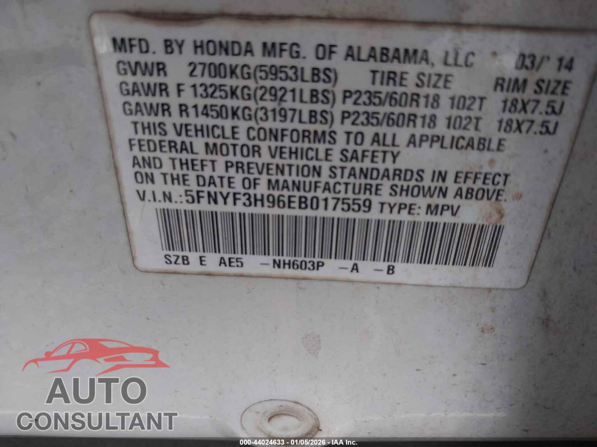 HONDA PILOT 2014 - 5FNYF3H96EB017559