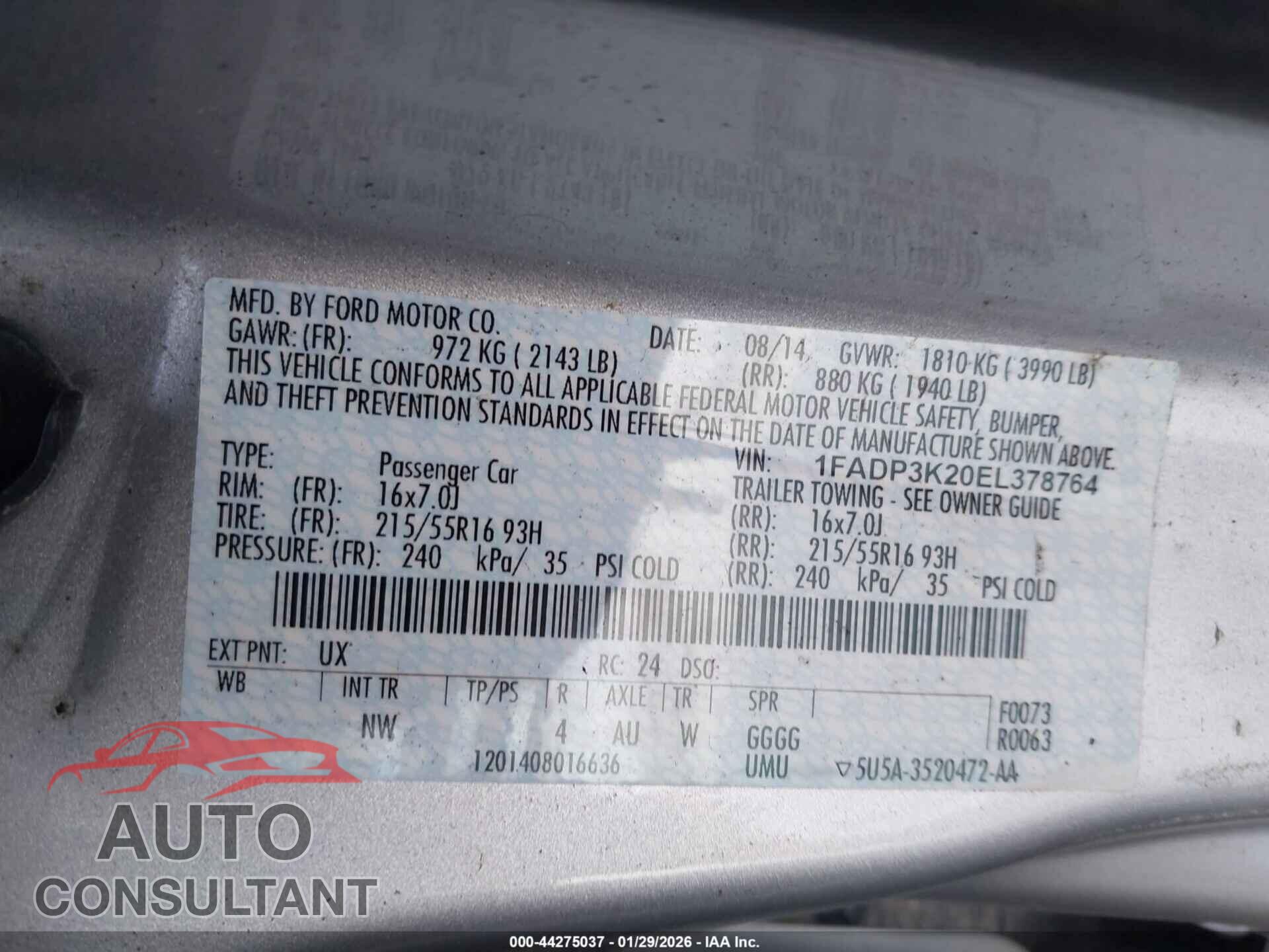 FORD FOCUS 2014 - 1FADP3K20EL378764