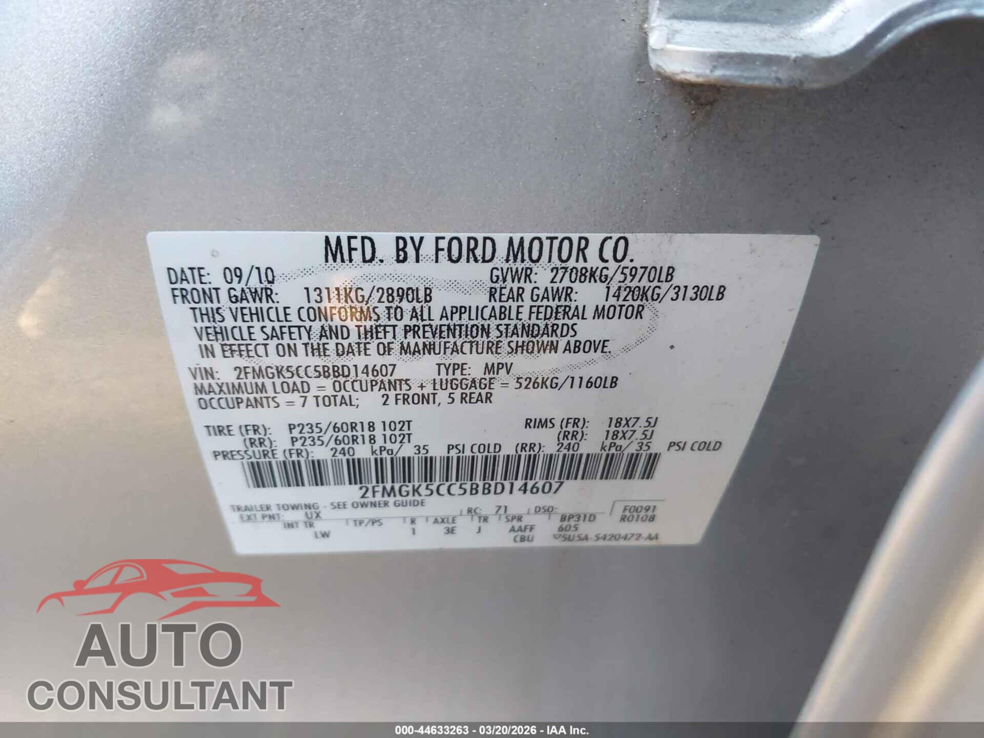 FORD FLEX 2011 - 2FMGK5CC5BBD14607