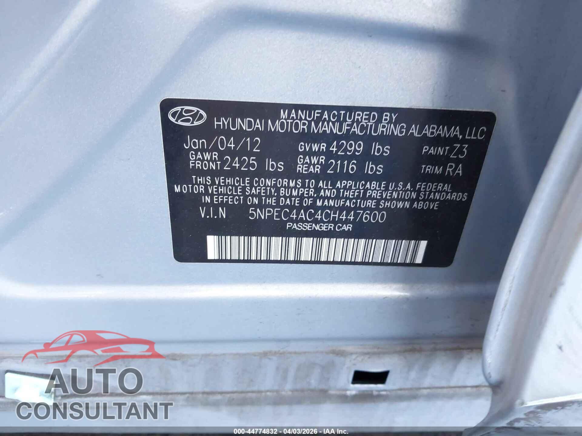 HYUNDAI SONATA 2012 - 5NPEC4AC4CH447600