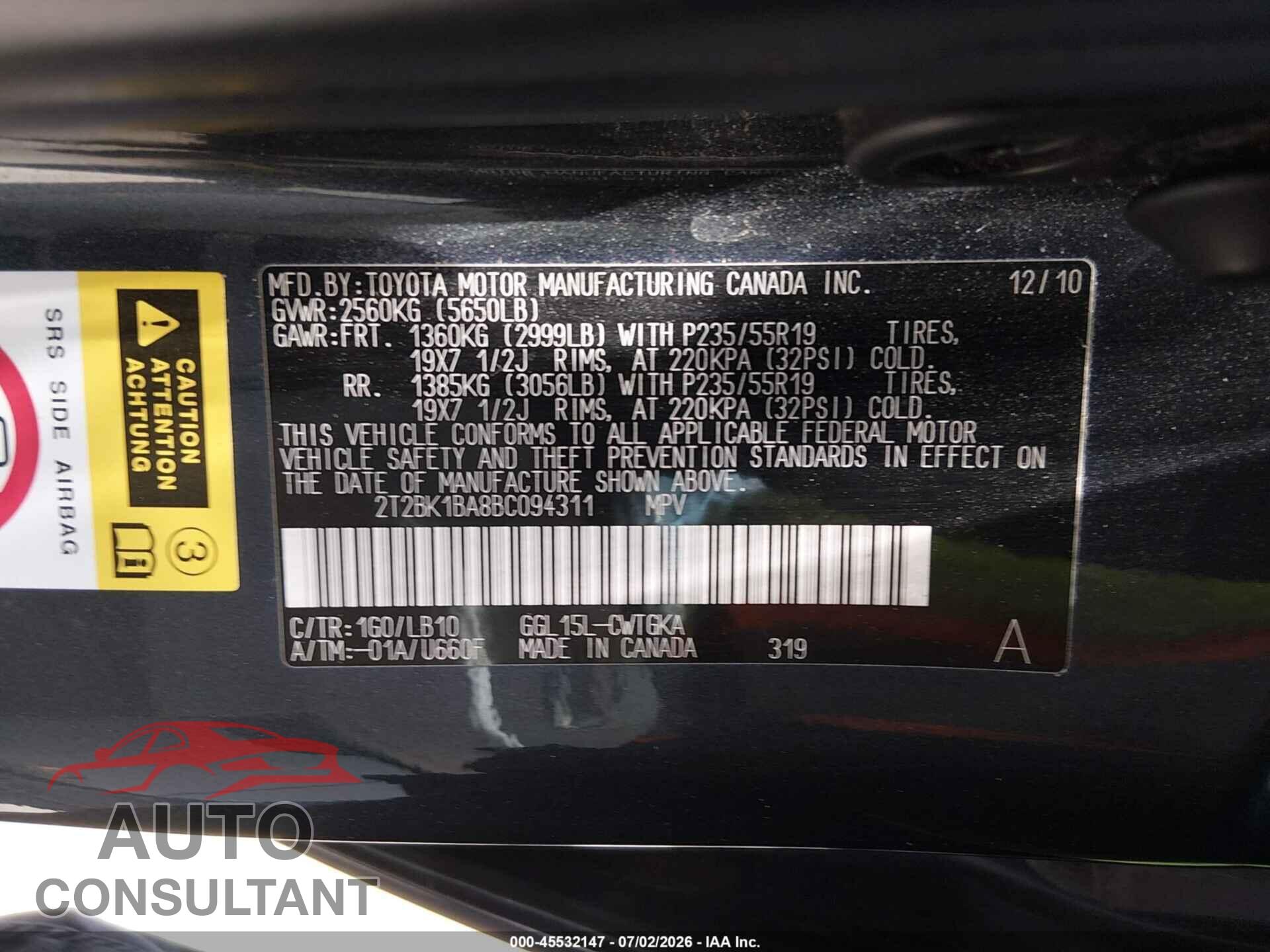 LEXUS RX 350 2011 - 2T2BK1BA8BC094311