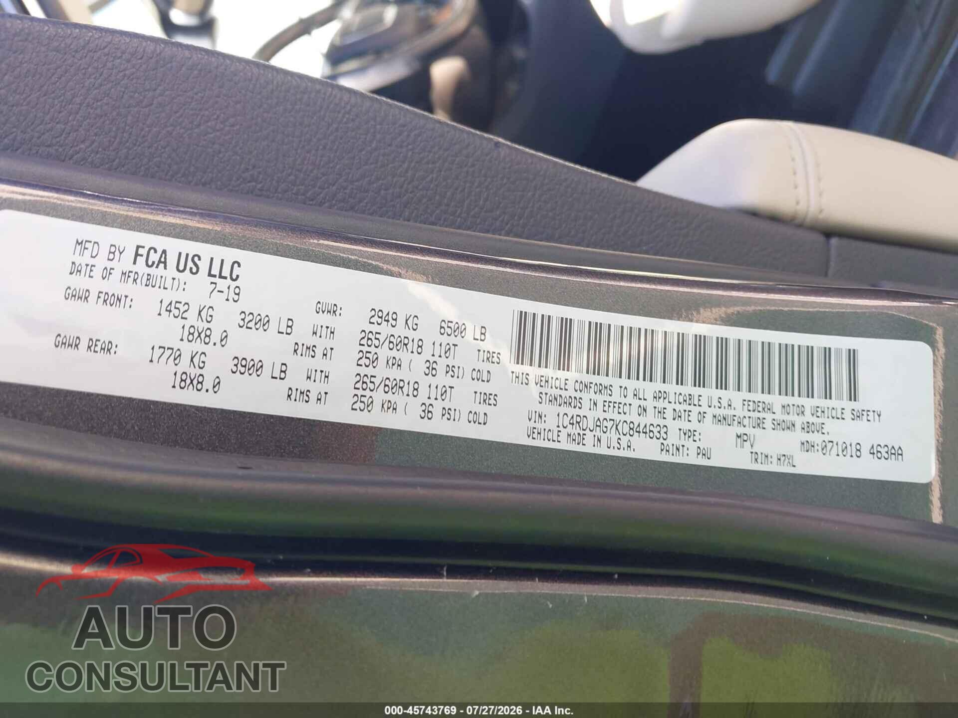DODGE DURANGO 2019 - 1C4RDJAG7KC844633