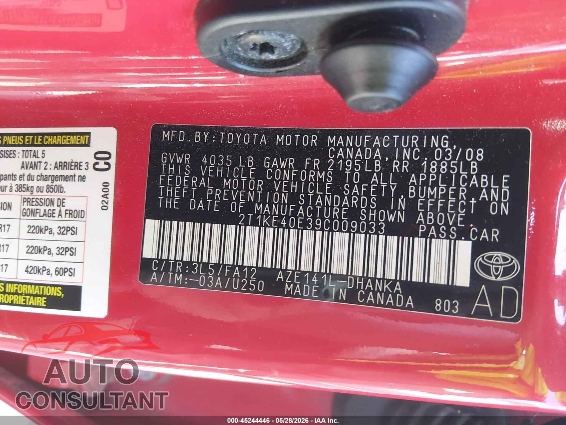 TOYOTA MATRIX 2009 - 2T1KE40E39C009033