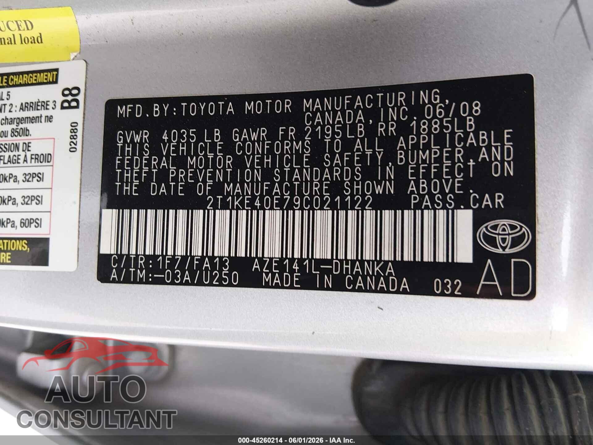 TOYOTA MATRIX 2009 - 2T1KE40E79C021122