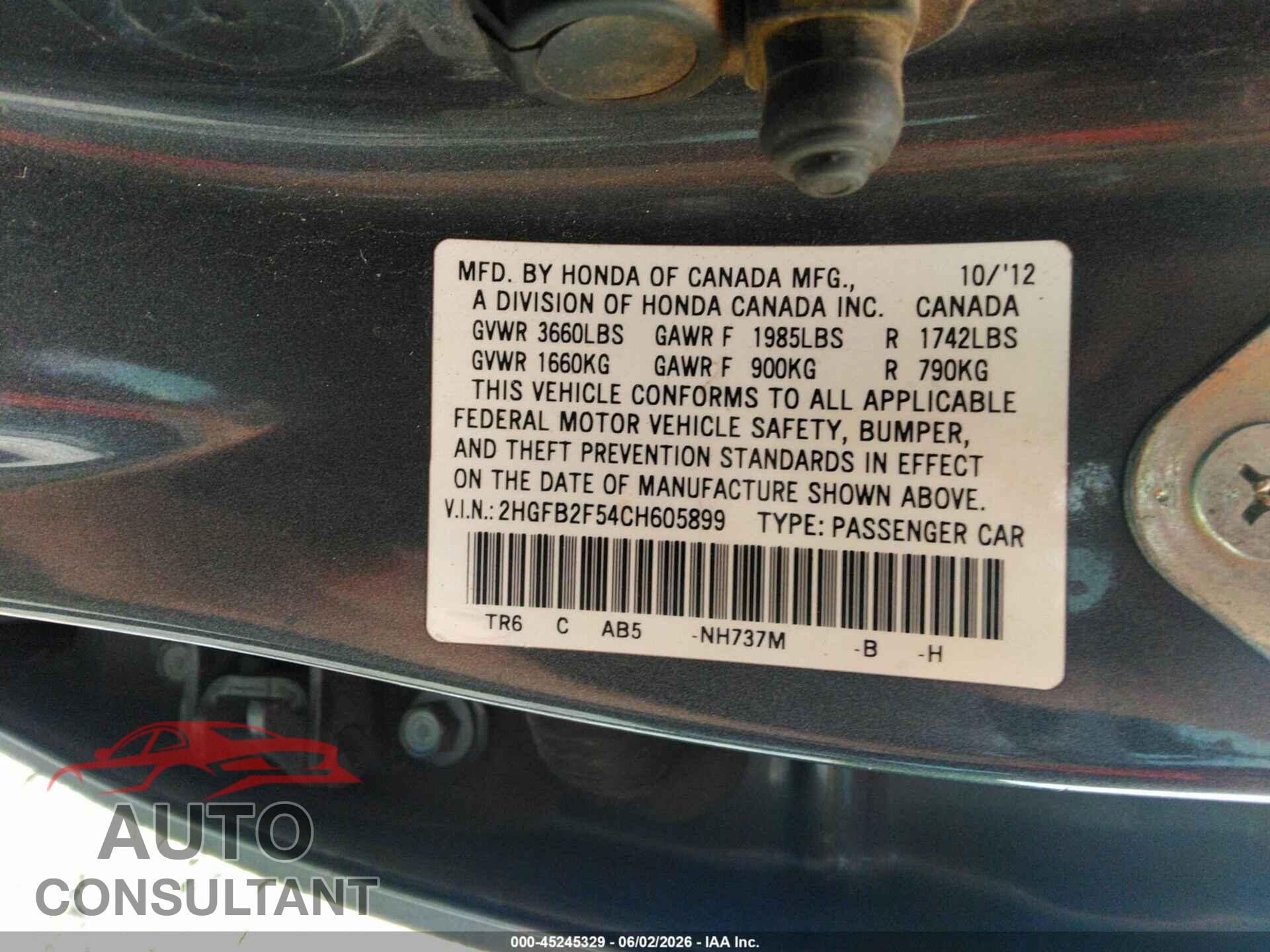HONDA CIVIC 2012 - 2HGFB2F54CH605899