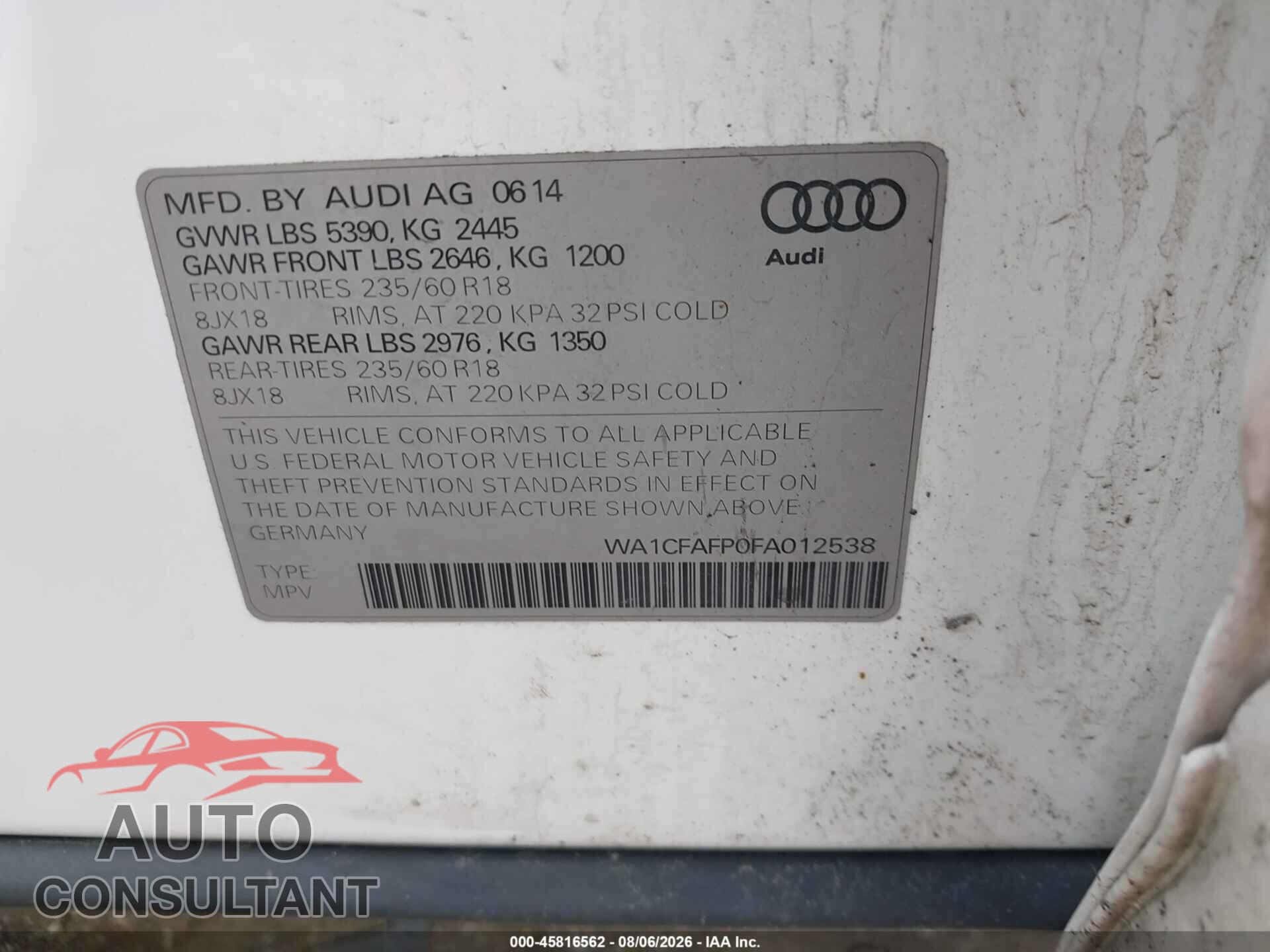 AUDI Q5 2015 - WA1CFAFP0FA012538