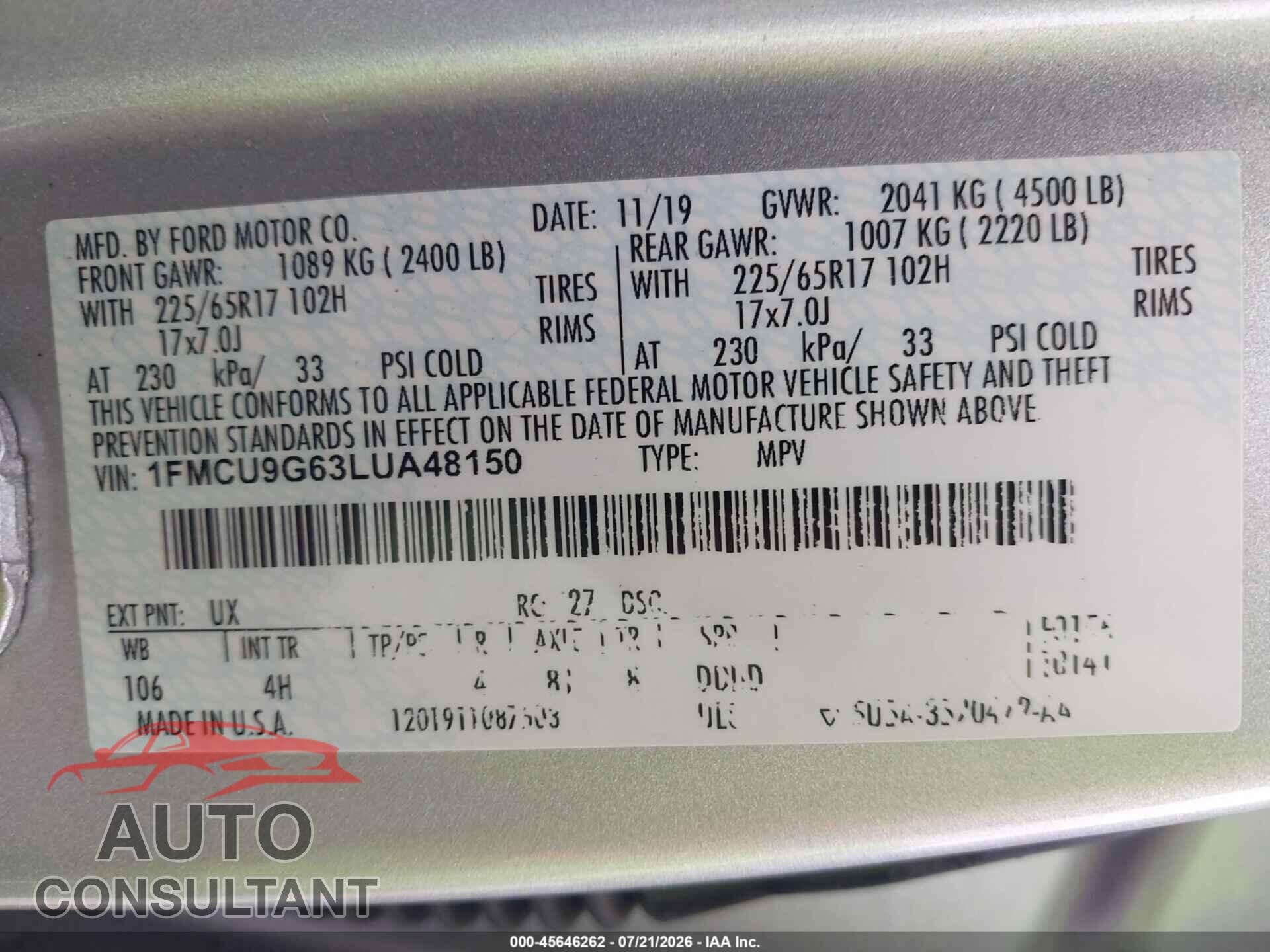 FORD ESCAPE 2020 - 1FMCU9G63LUA48150