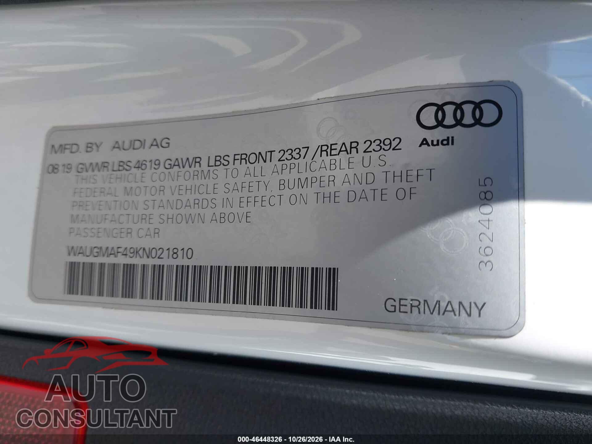 AUDI A4 2019 - WAUGMAF49KN021810