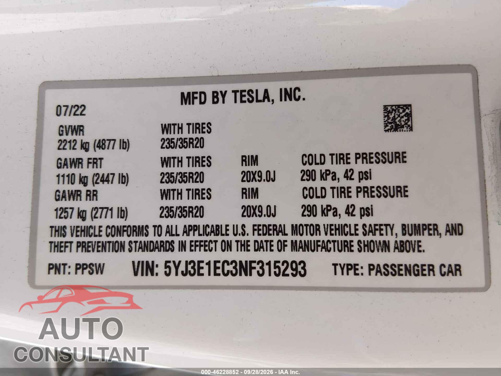 TESLA MODEL 3 2022 - 5YJ3E1EC3NF315293