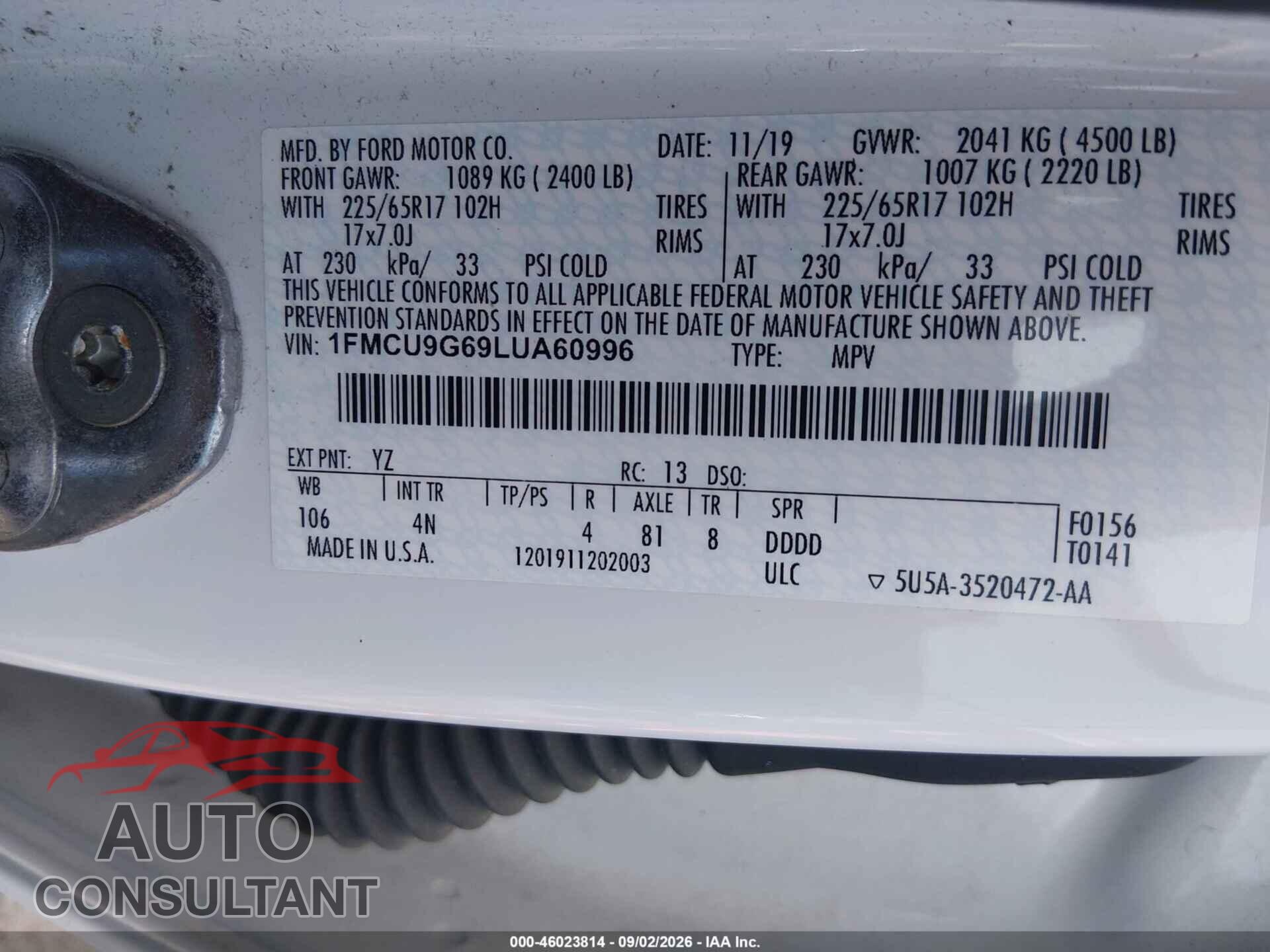 FORD ESCAPE 2020 - 1FMCU9G69LUA60996