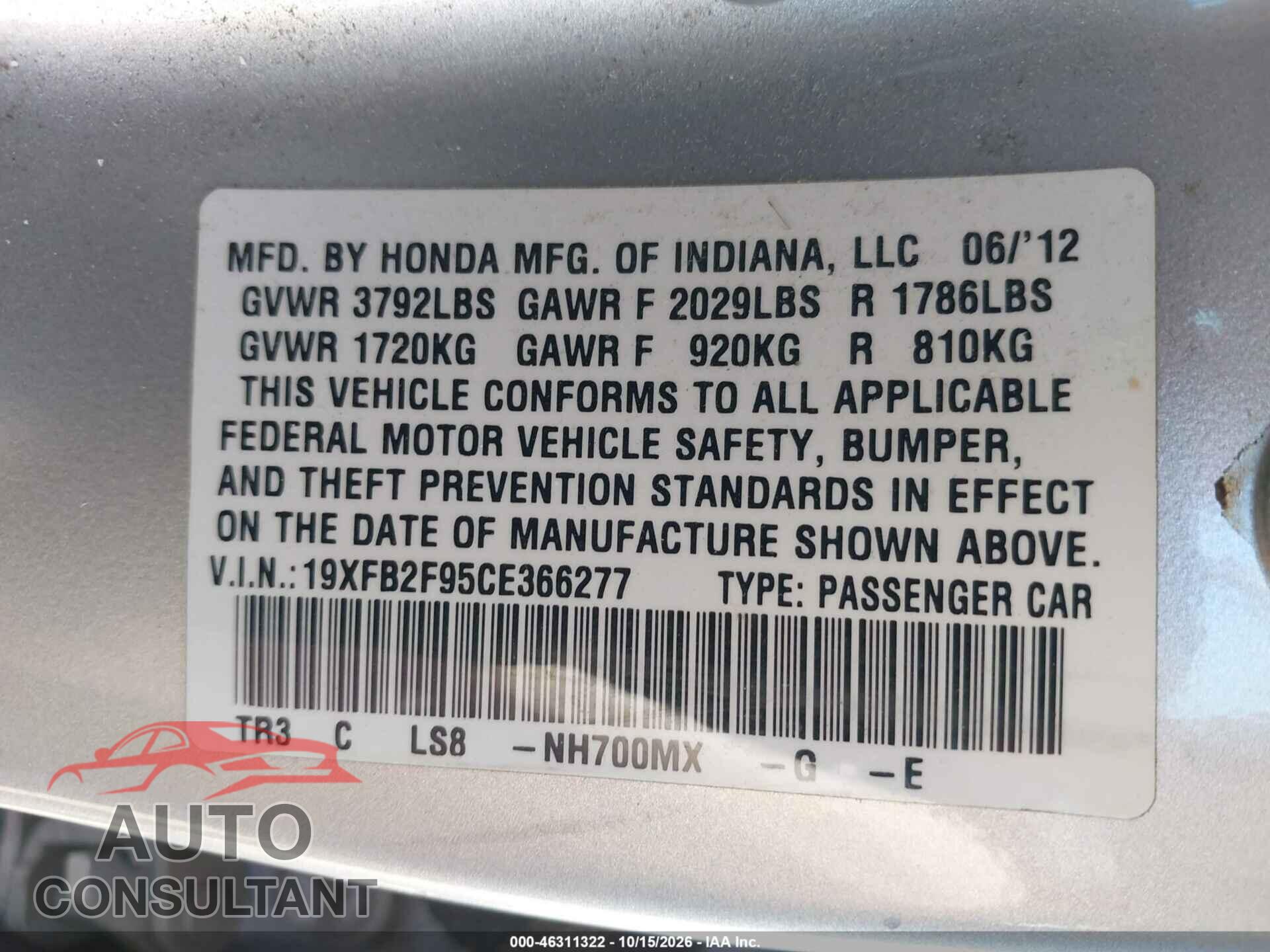 HONDA CIVIC 2012 - 19XFB2F95CE366277