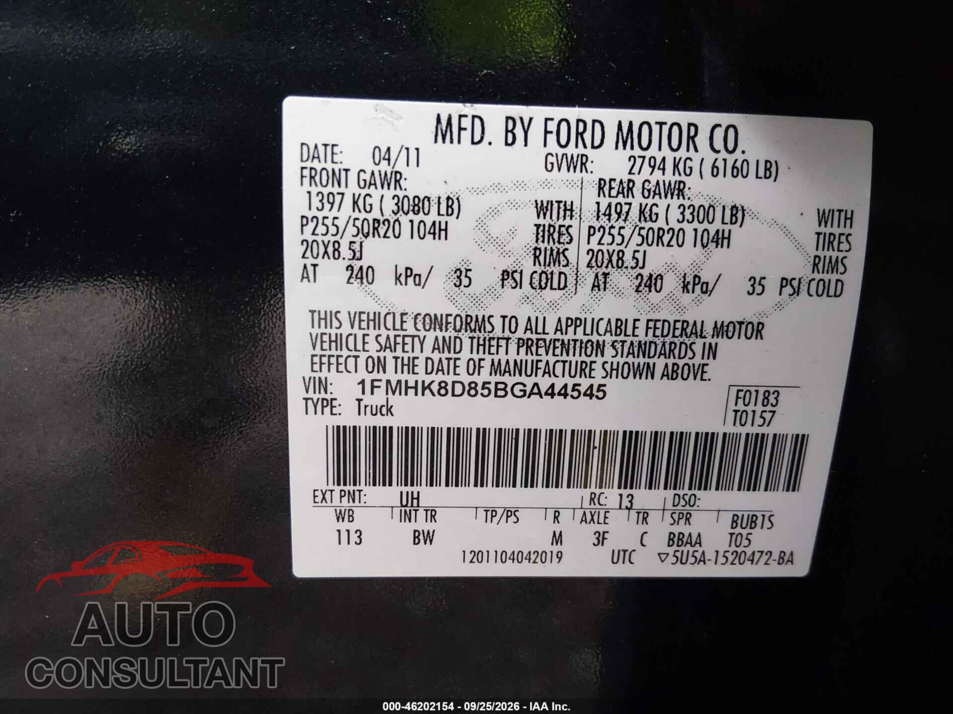 FORD EXPLORER 2011 - 1FMHK8D85BGA44545