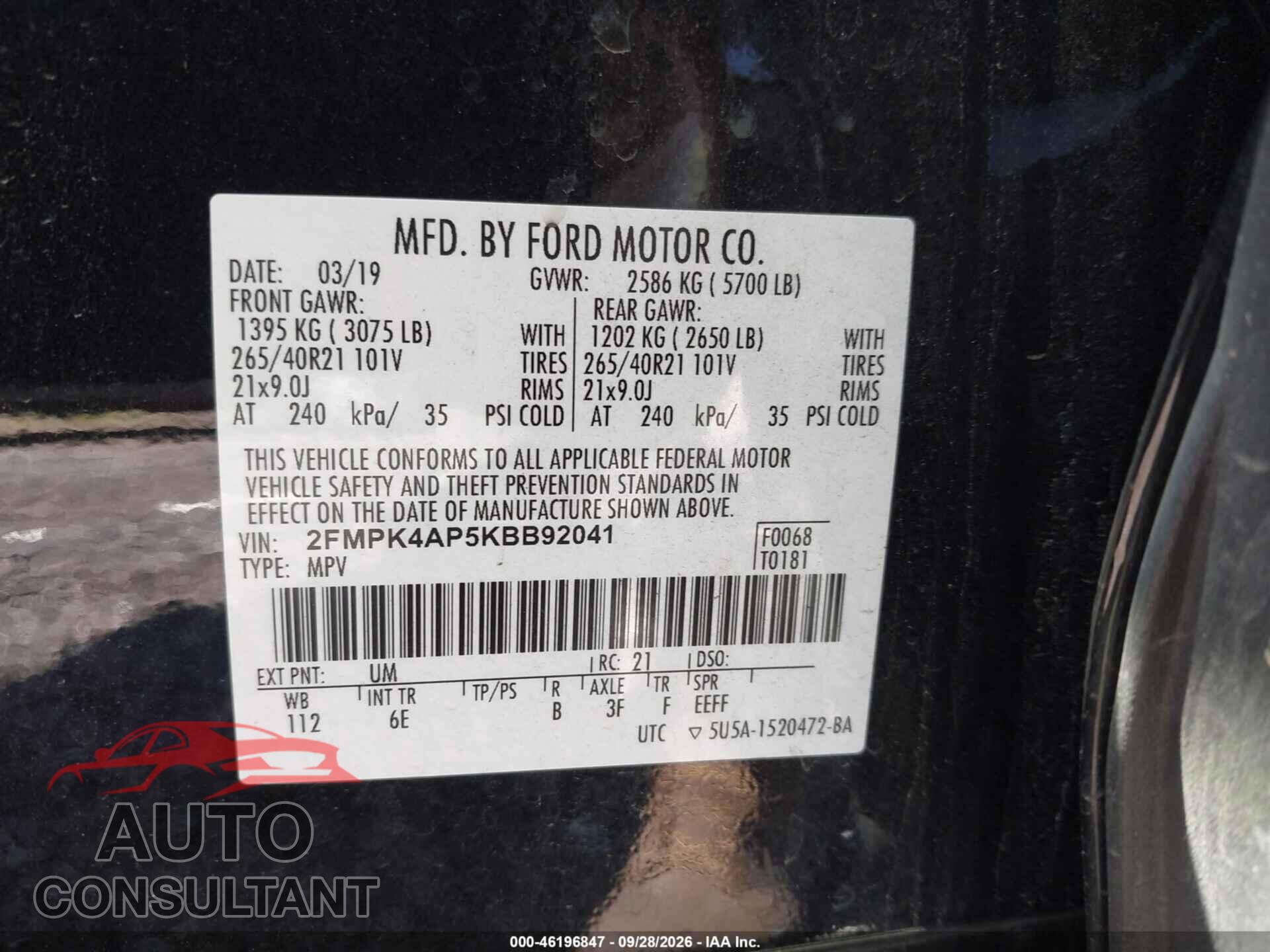 FORD EDGE 2019 - 2FMPK4AP5KBB92041