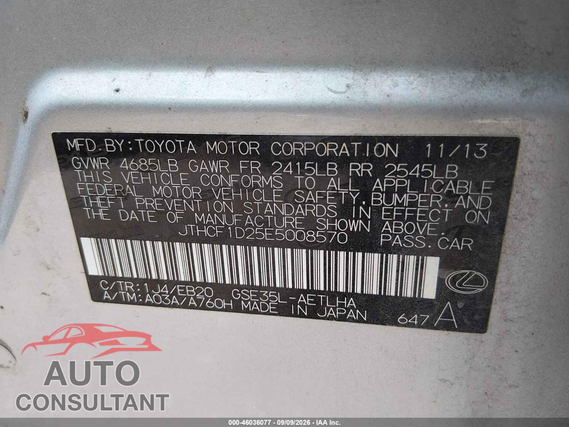 LEXUS IS 250 2014 - JTHCF1D25E5008570