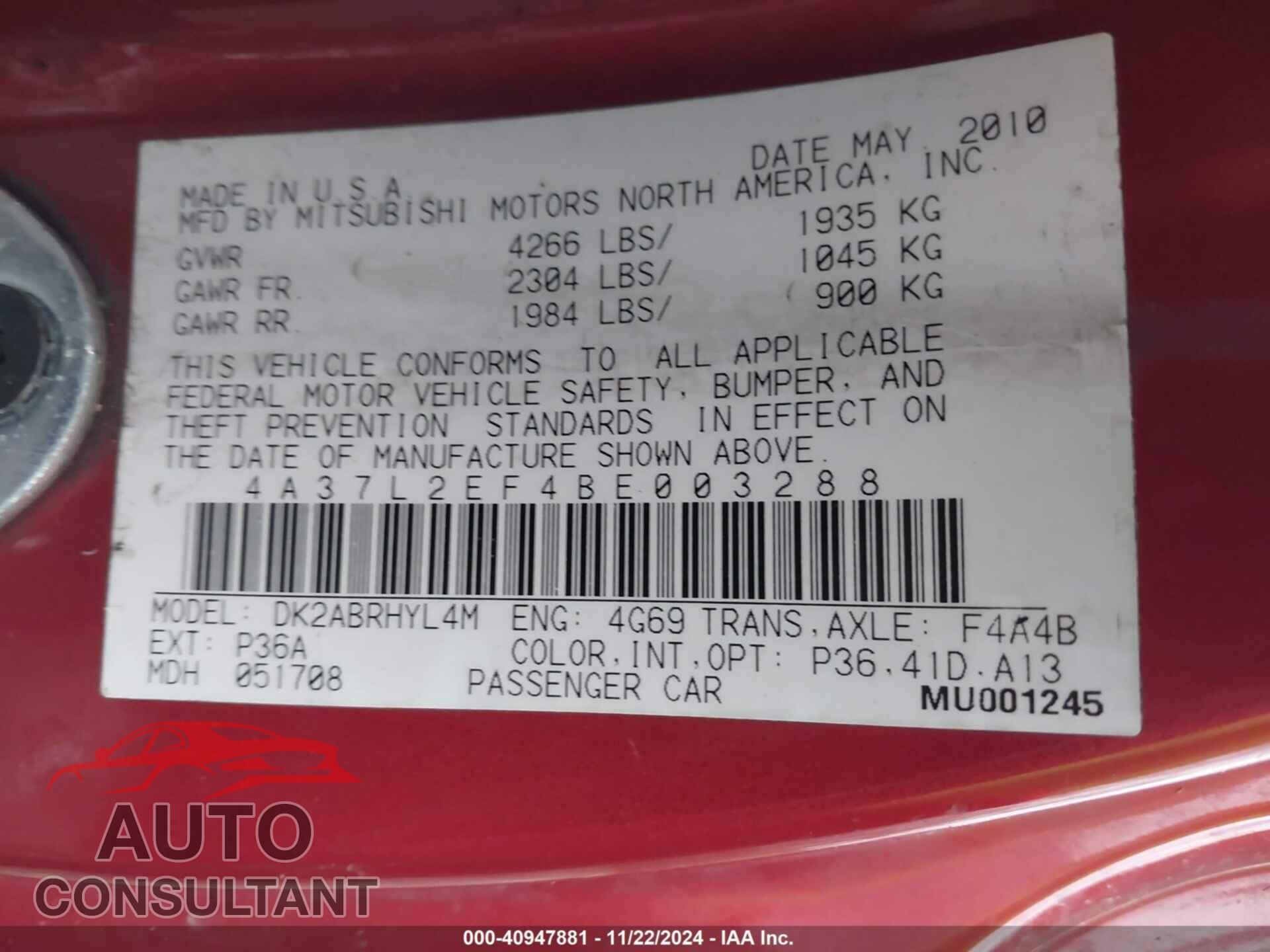 MITSUBISHI ECLIPSE SPYDER 2011 - 4A37L2EF4BE003288