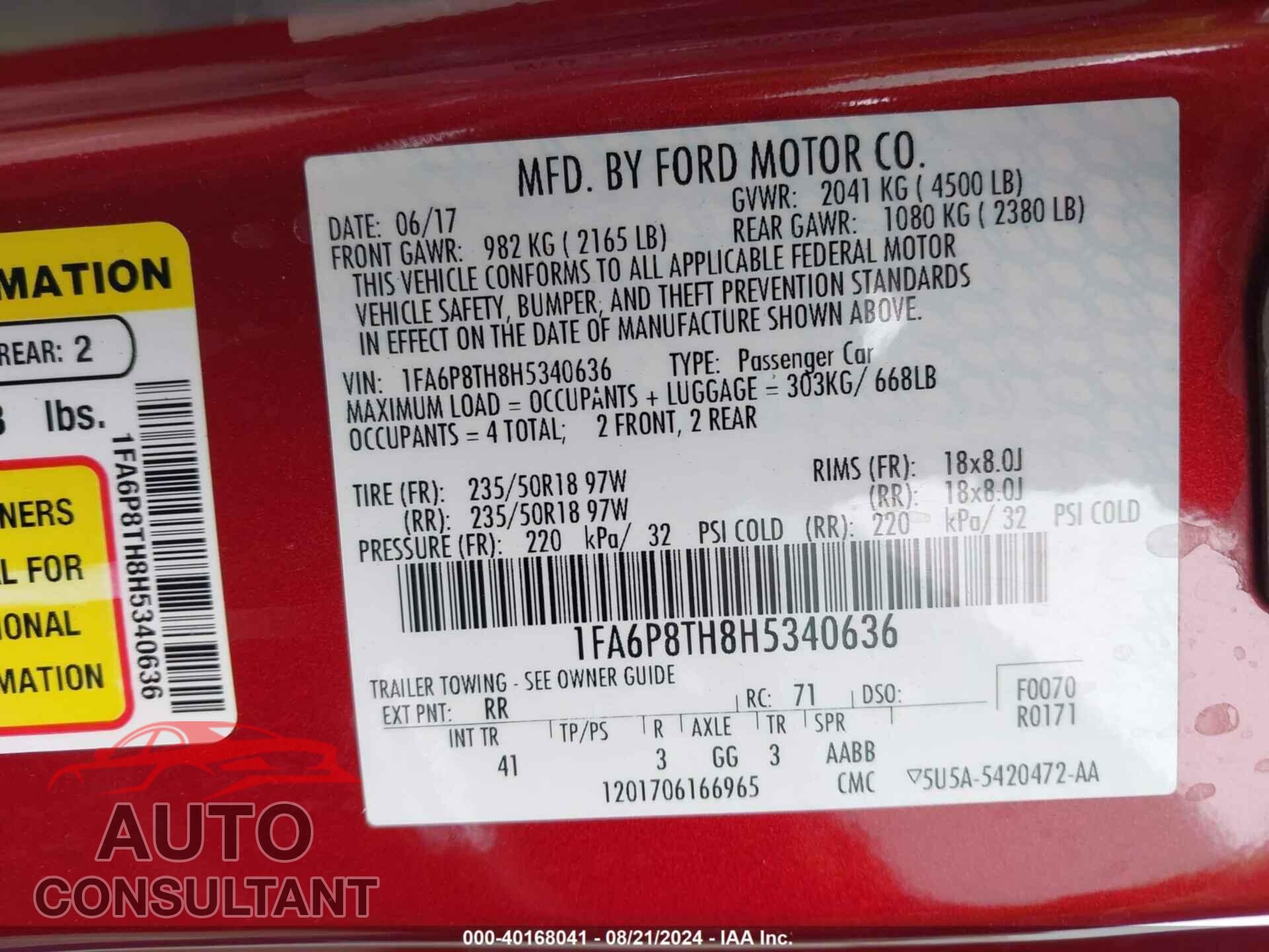 FORD MUSTANG 2017 - 1FA6P8TH8H5340636