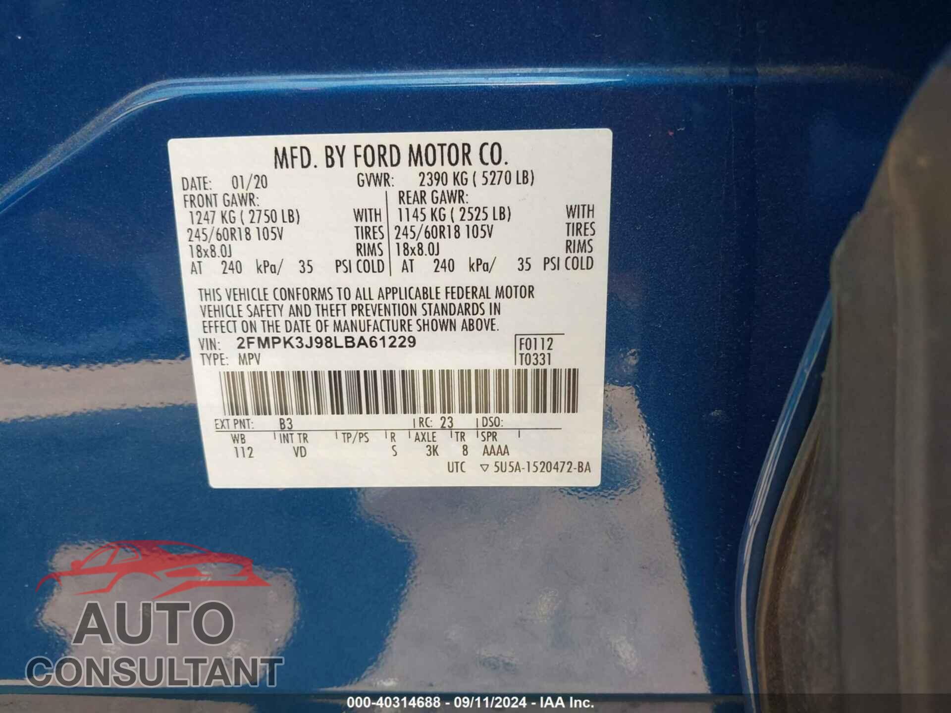 FORD EDGE 2020 - 2FMPK3J98LBA61229