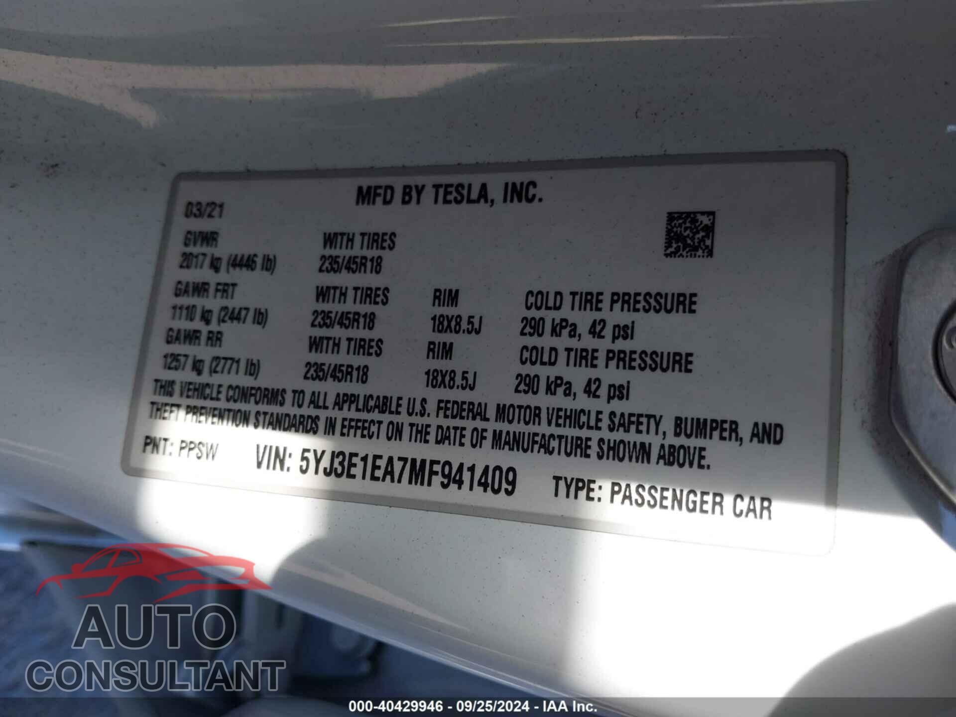 TESLA MODEL 3 2021 - 5YJ3E1EA7MF941409