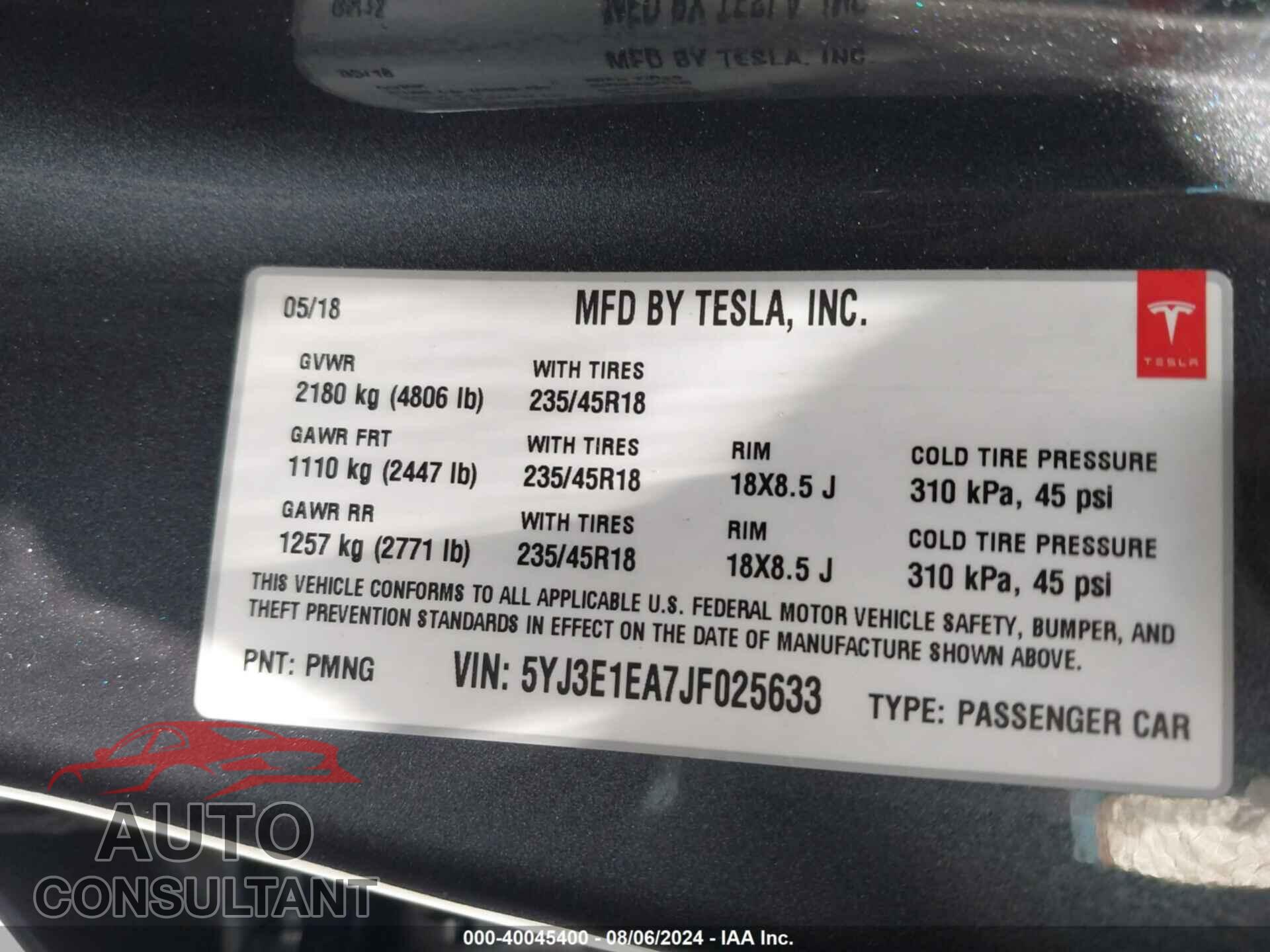 TESLA MODEL 3 2018 - 5YJ3E1EA7JF025633