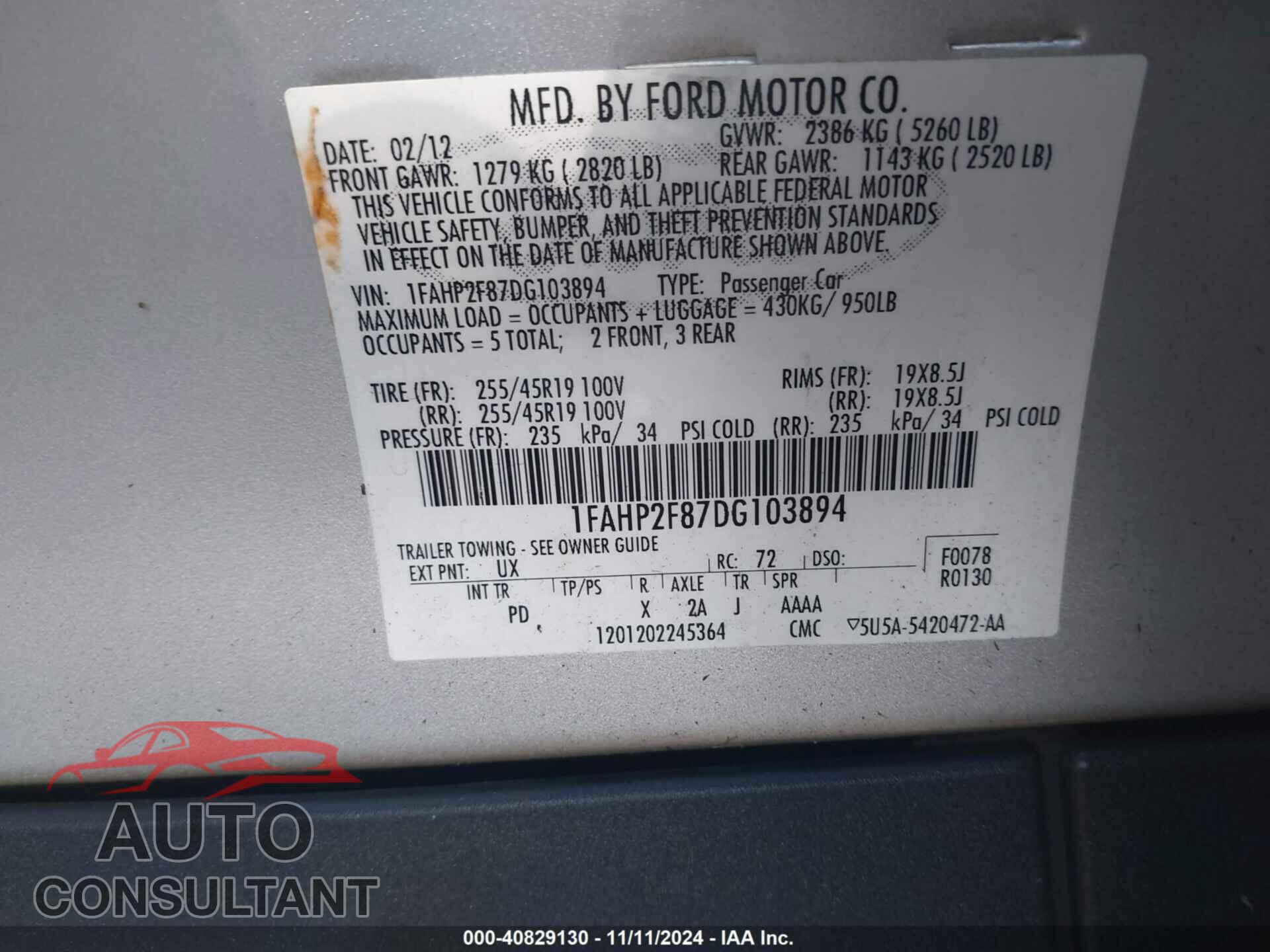 FORD TAURUS 2013 - 1FAHP2F87DG103894