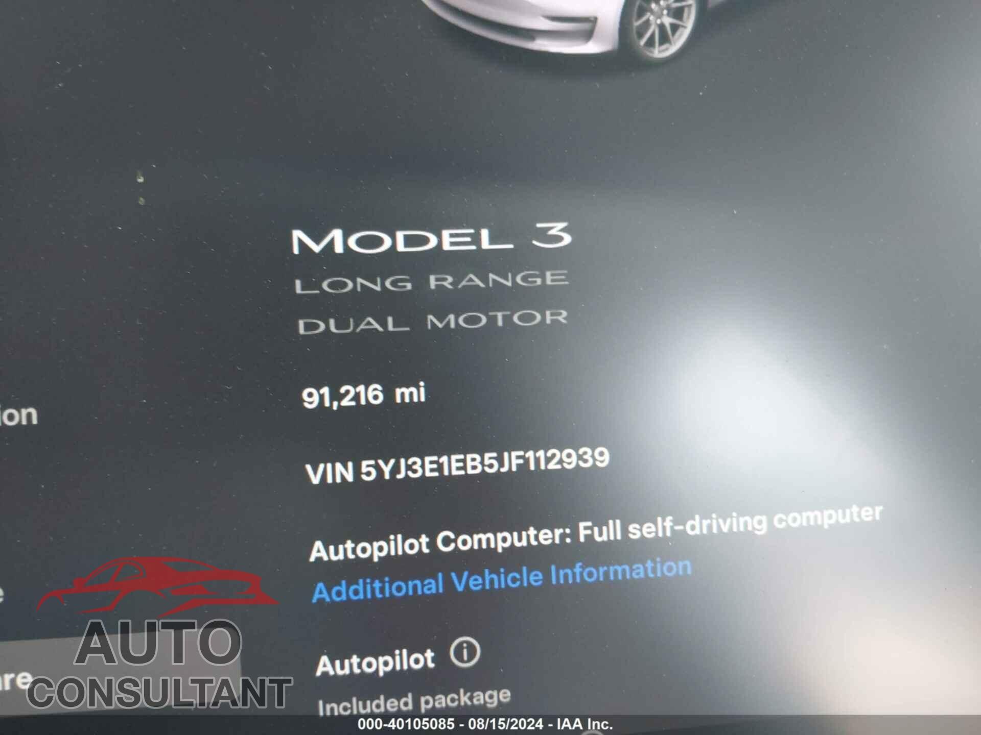 TESLA MODEL 3 2018 - 5YJ3E1EB5JF112939