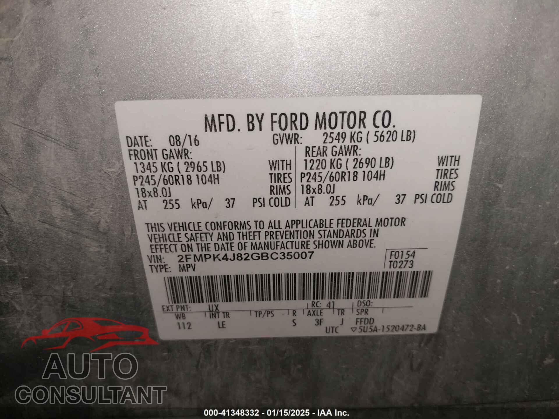 FORD EDGE 2016 - 2FMPK4J82GBC35007