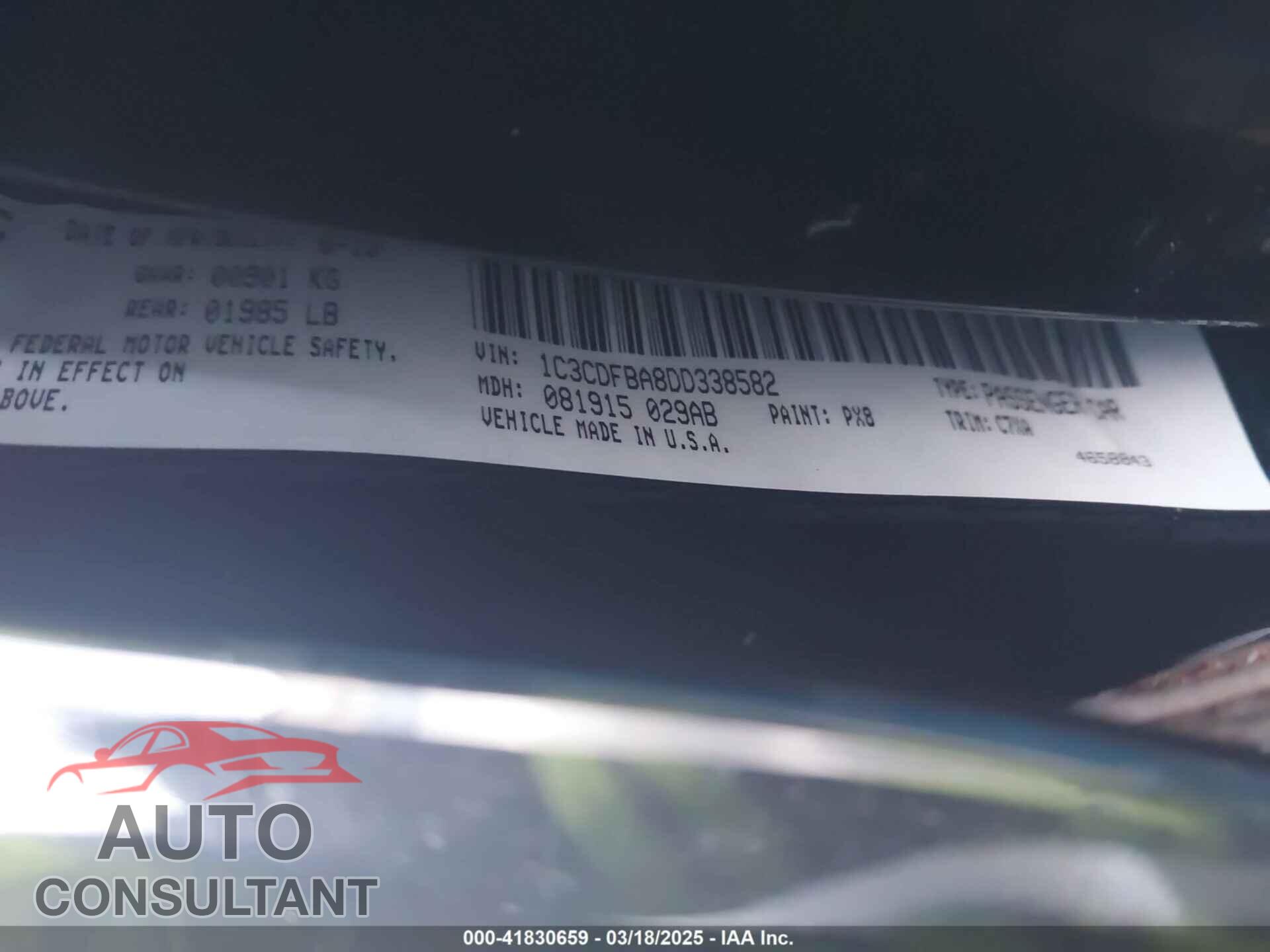 DODGE DART 2013 - 1C3CDFBA8DD338582