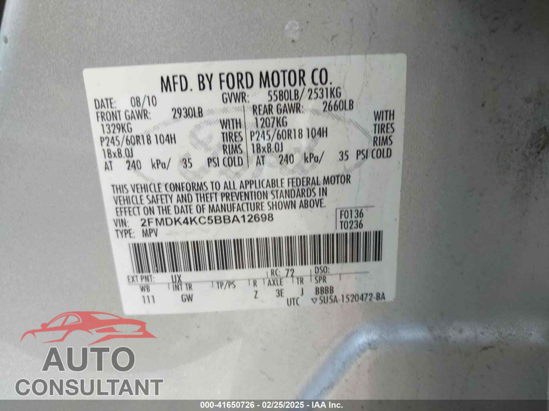 FORD EDGE 2011 - 2FMDK4KC5BBA12698