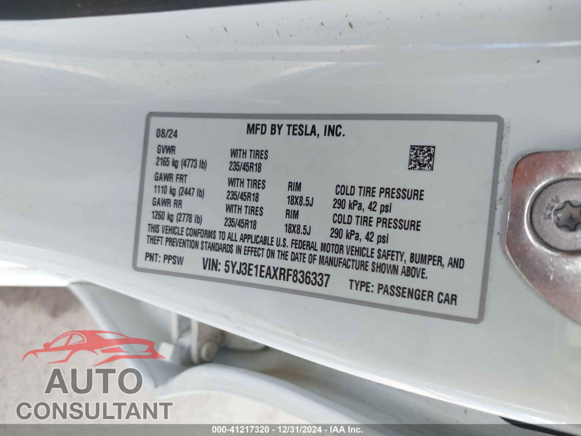 TESLA MODEL 3 2024 - 5YJ3E1EAXRF836337