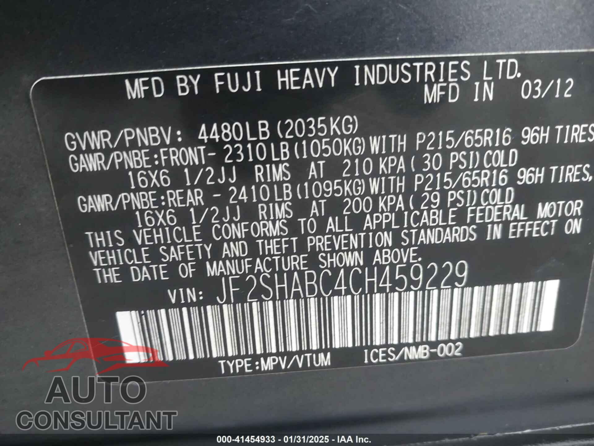 SUBARU FORESTER 2012 - JF2SHABC4CH459229