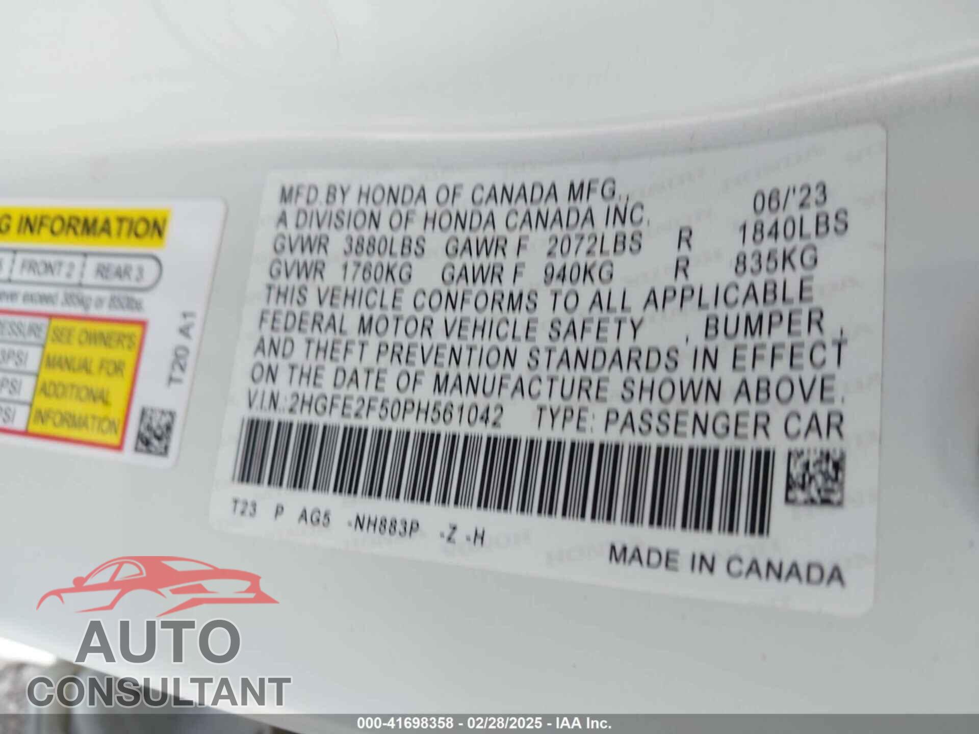 HONDA CIVIC 2023 - 2HGFE2F50PH561042